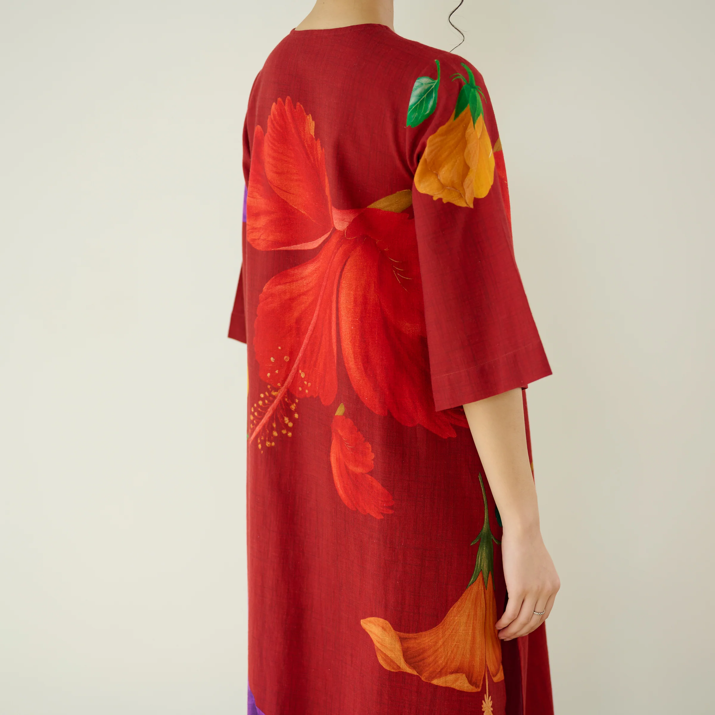 Hibiscus Slub Cotton Kurta Set - Cherry Red - Image 4