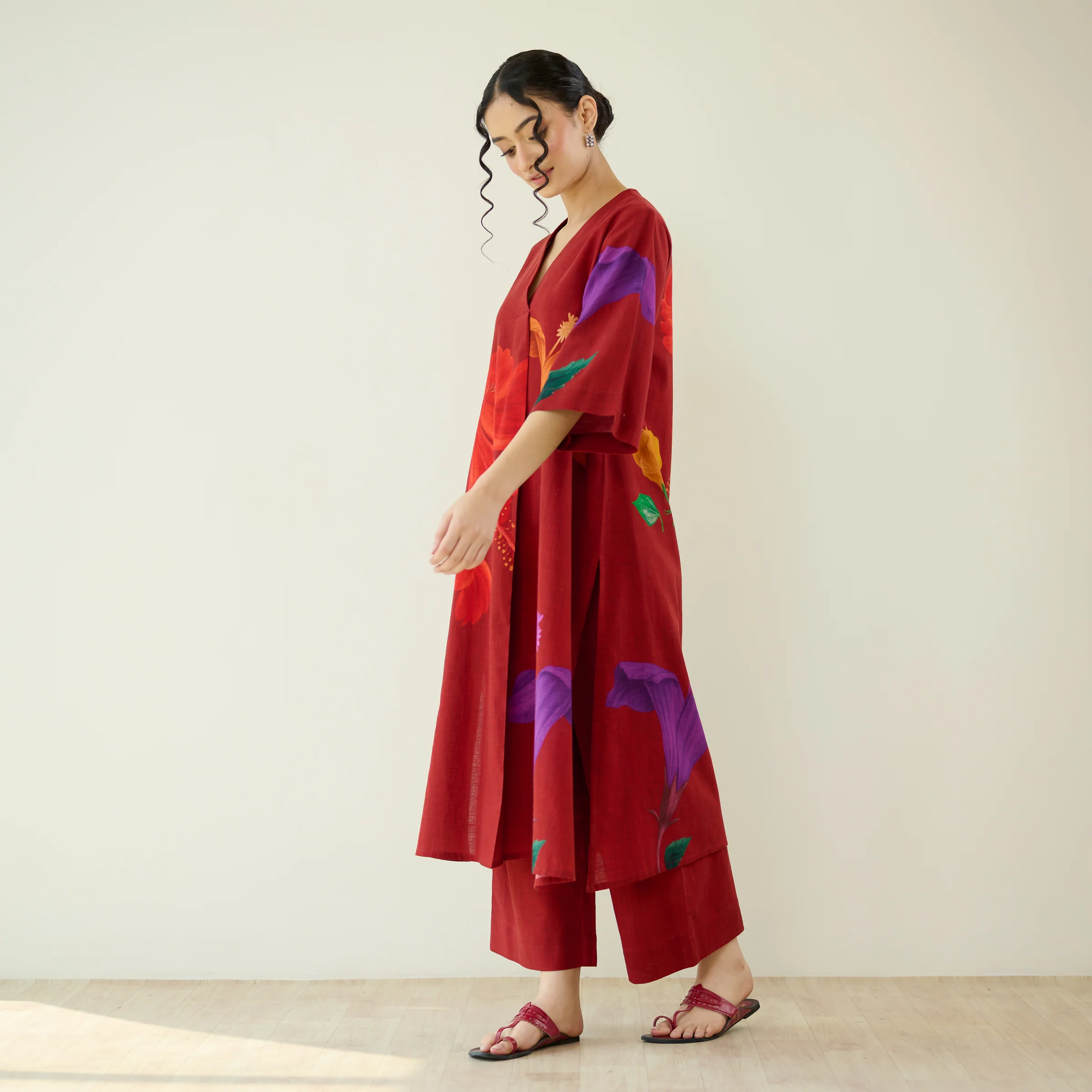 Hibiscus Slub Cotton Kurta Set - Cherry Red - Image 5