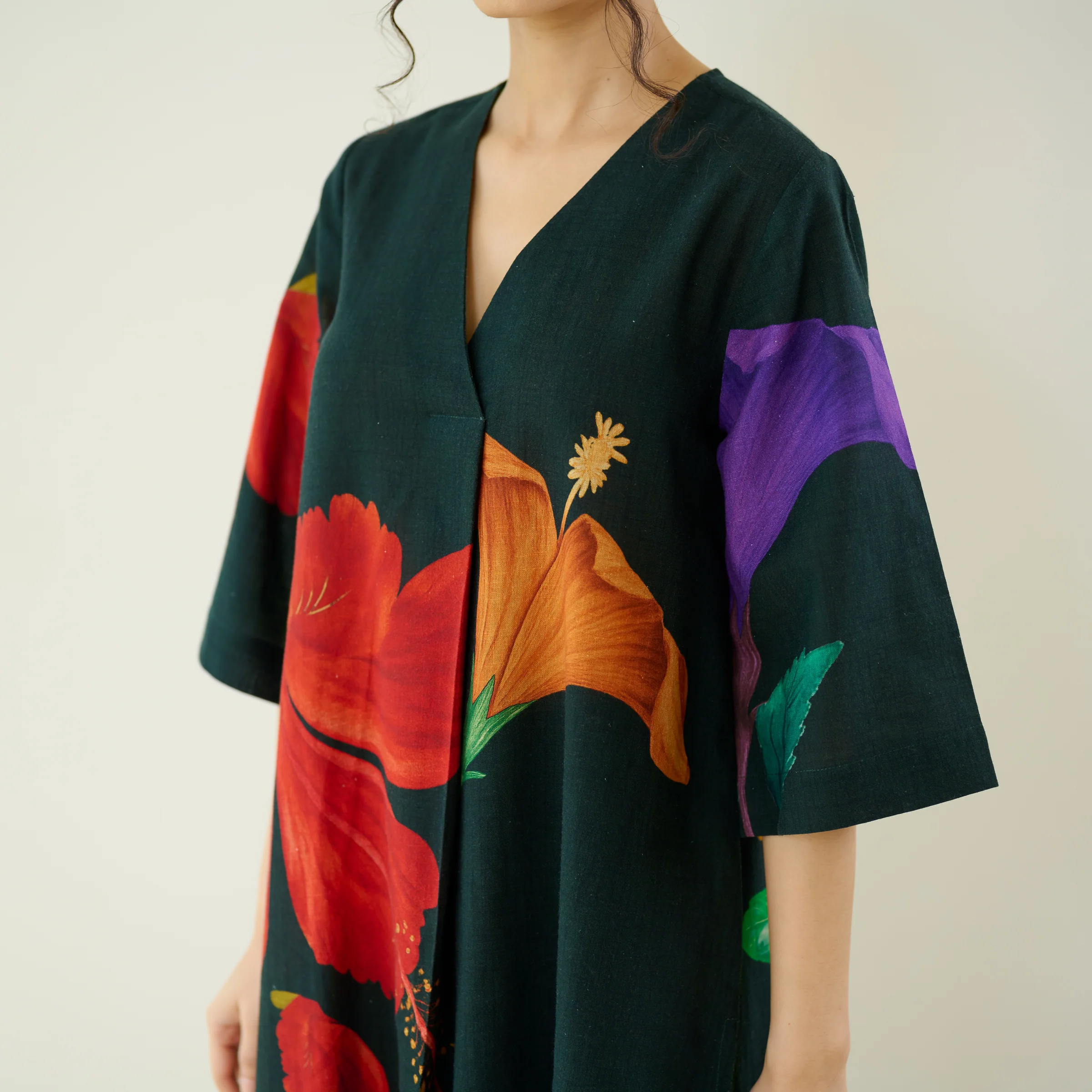 Hibiscus Slub Cotton Kurta Set - Emerald Green - Image 2