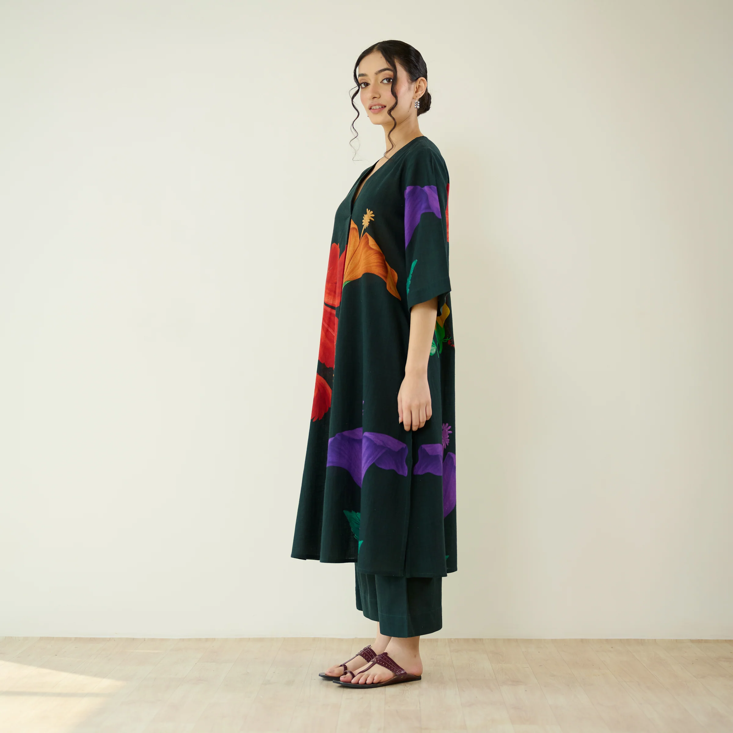 Hibiscus Slub Cotton Kurta Set - Emerald Green - Image 9
