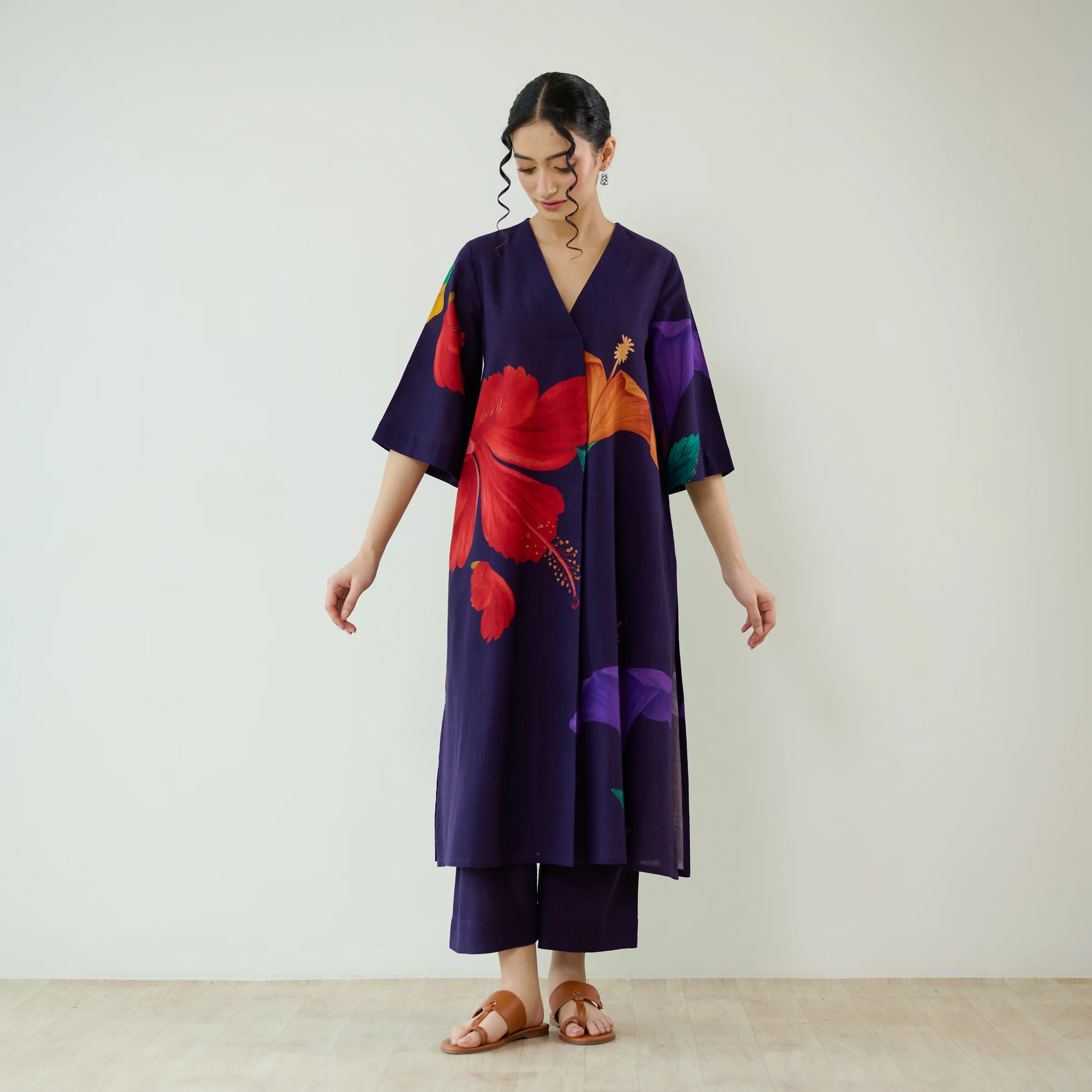 Hibiscus Slub Cotton Kurta Set - Violet - Image 3