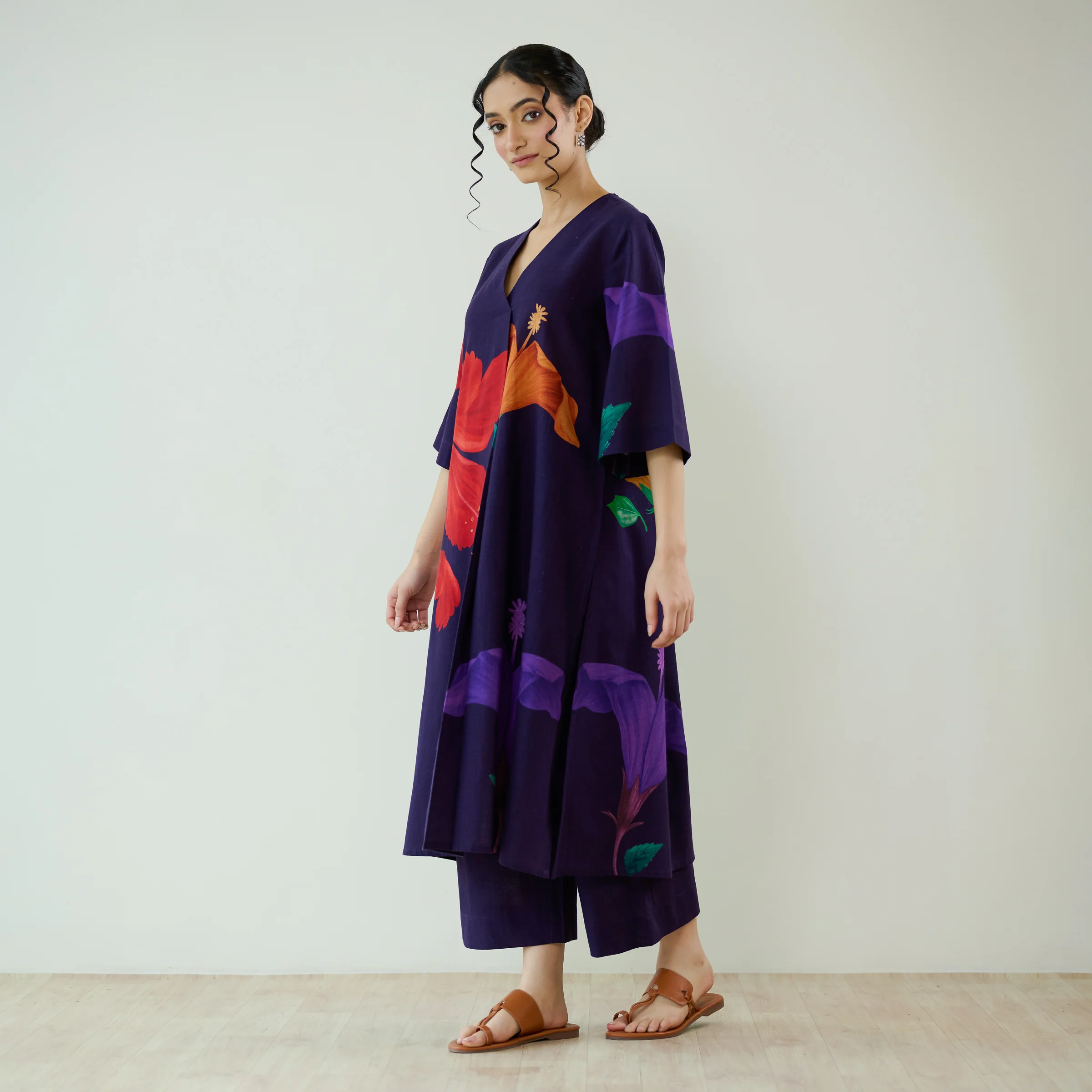 Hibiscus Slub Cotton Kurta Set - Violet - Image 5