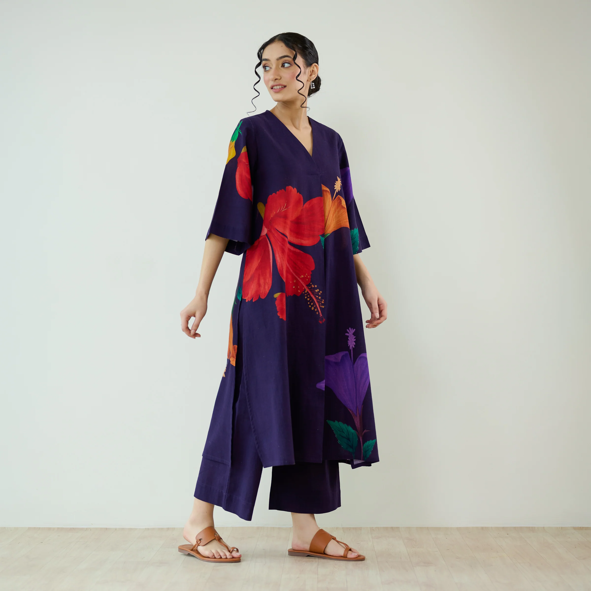 Hibiscus Slub Cotton Kurta Set - Violet - Image 6
