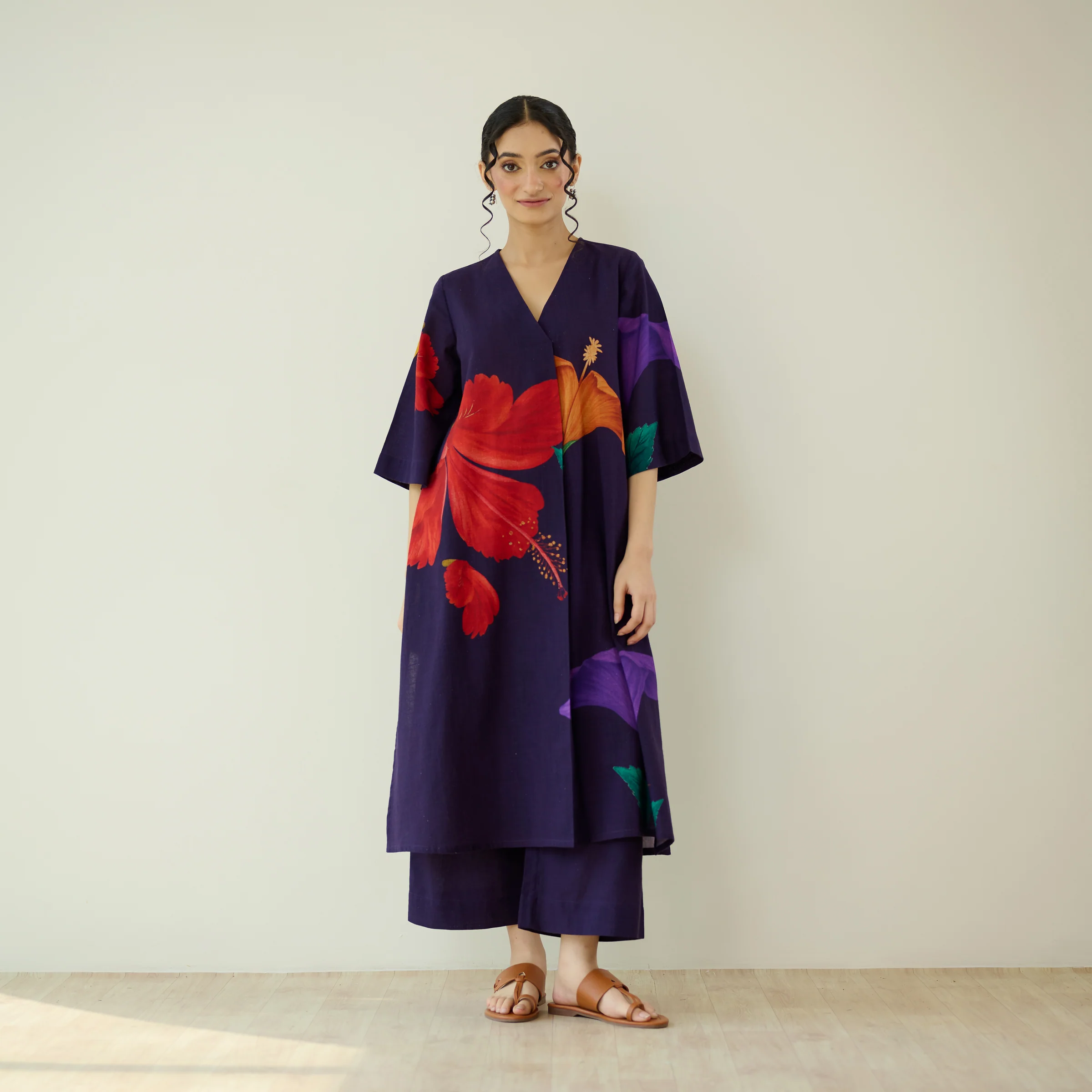 Hibiscus Slub Cotton Kurta Set - Violet - Image 8