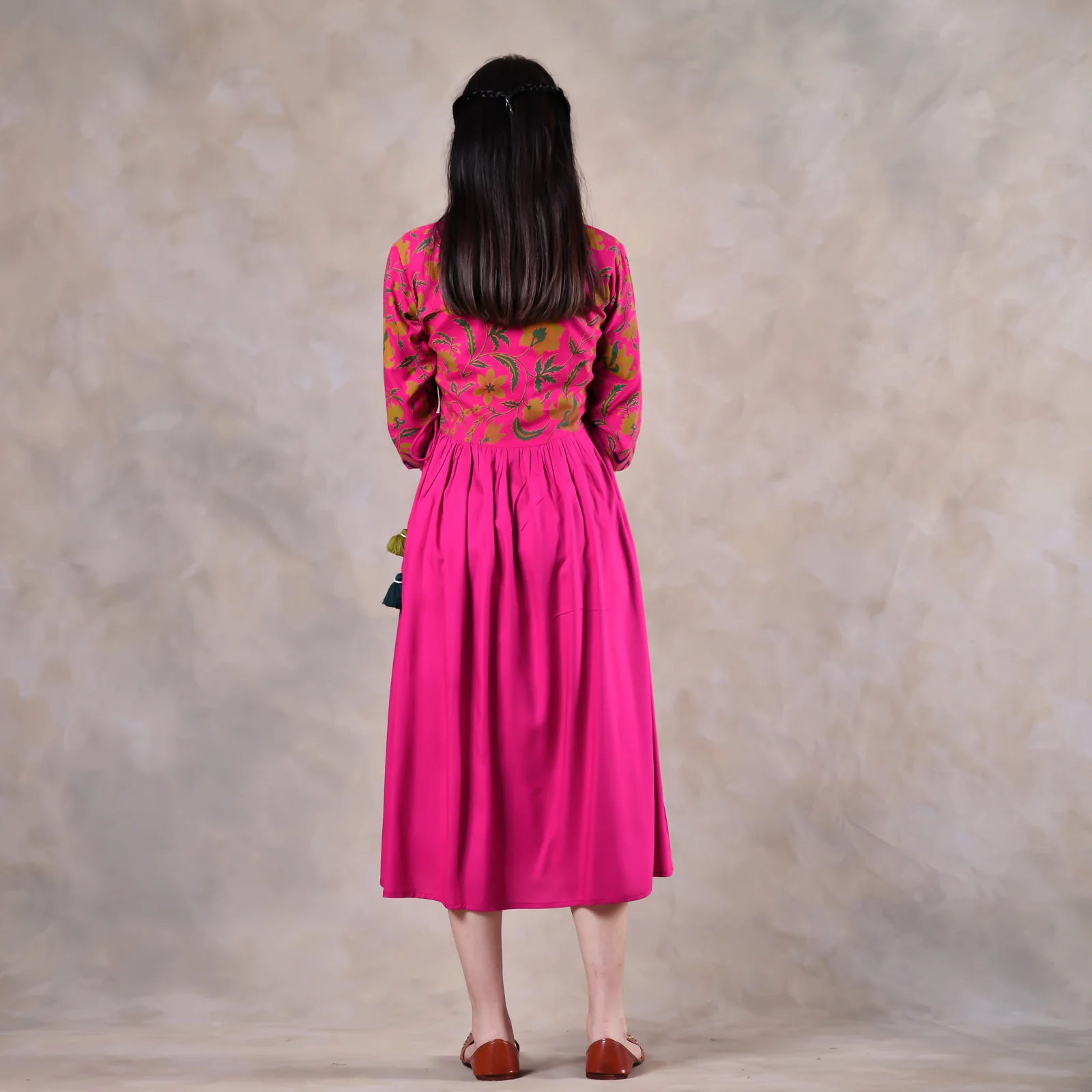 Pink Gathered Alia Cut Dress with Tassels - Image 10