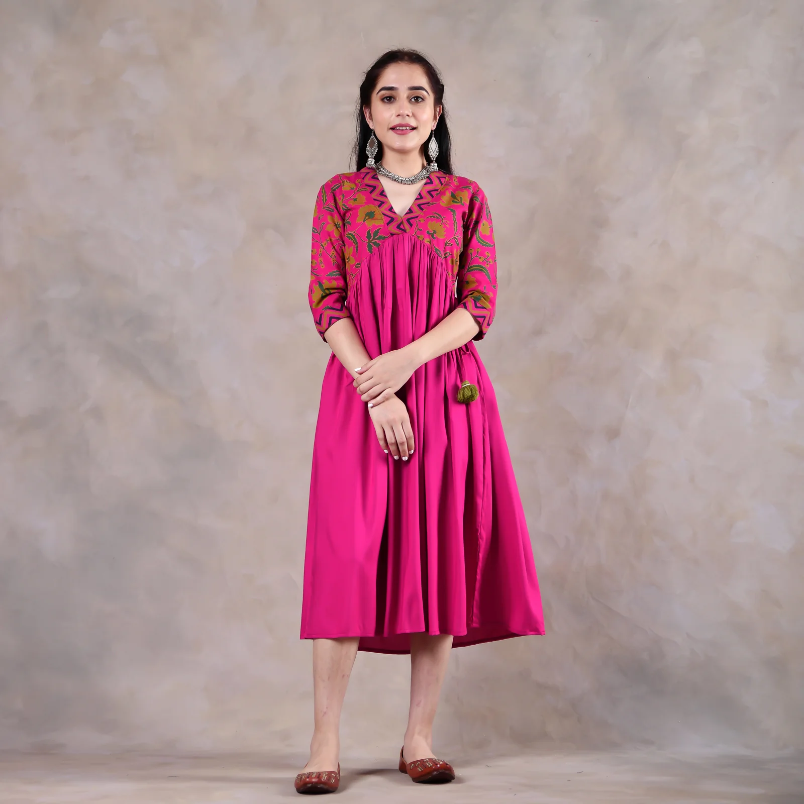 Pink Gathered Alia Cut Dress with Tassels - Image 3