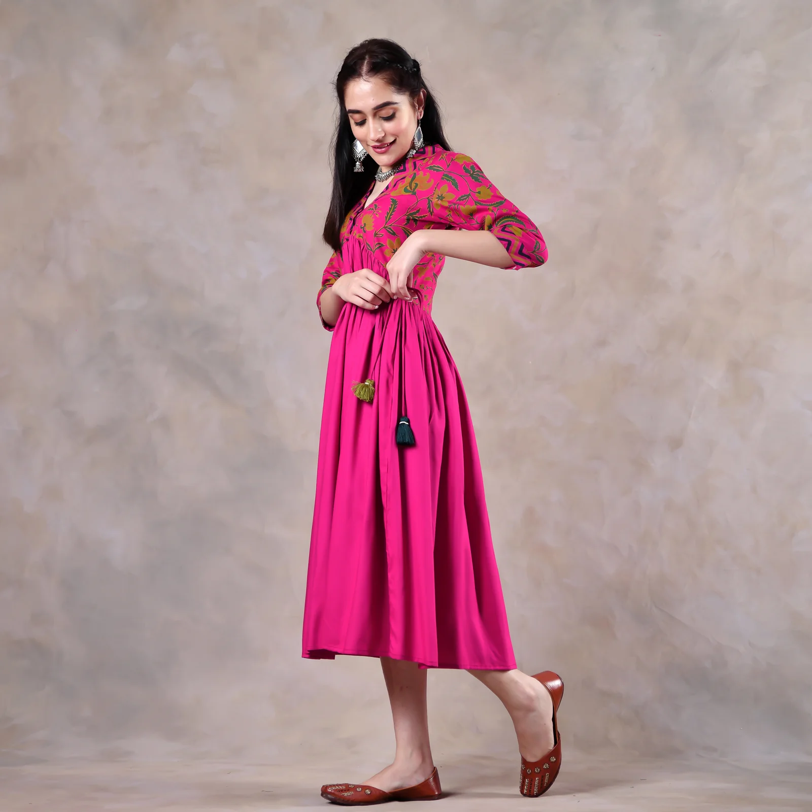 Pink Gathered Alia Cut Dress with Tassels - Image 4