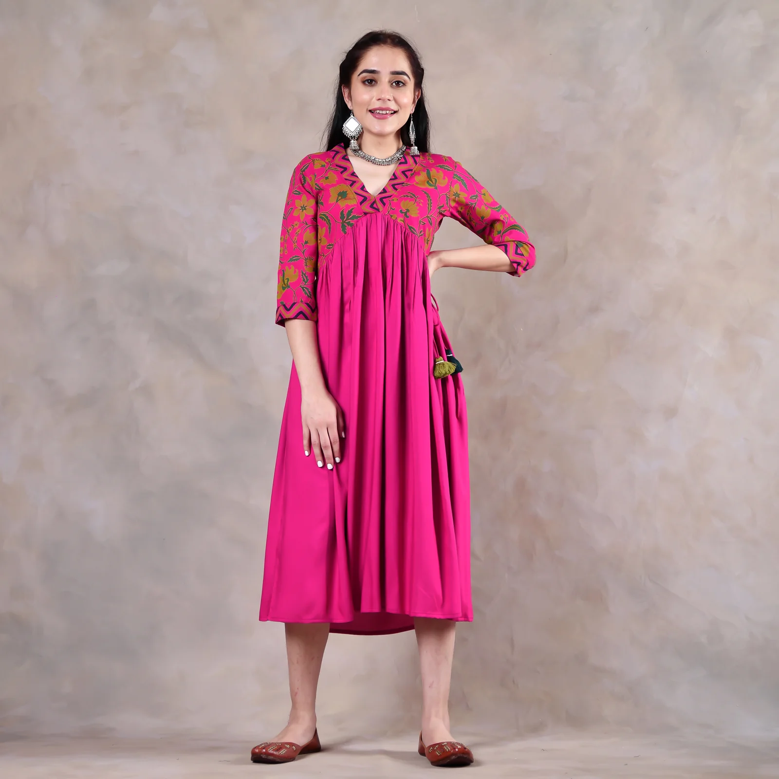 Pink Gathered Alia Cut Dress with Tassels - Image 5