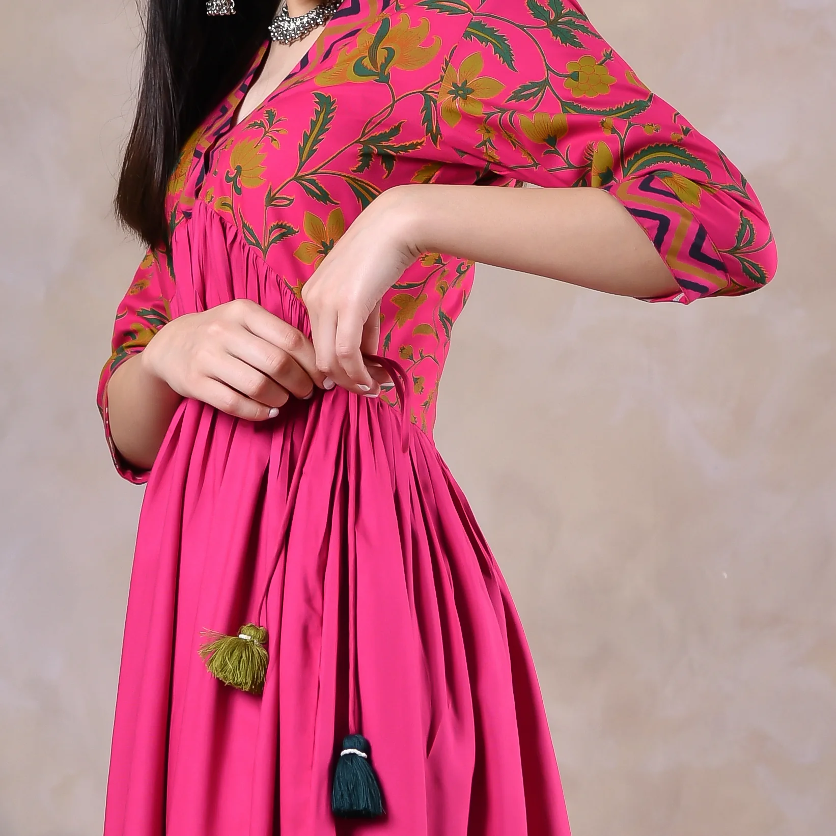 Pink Gathered Alia Cut Dress with Tassels - Image 6