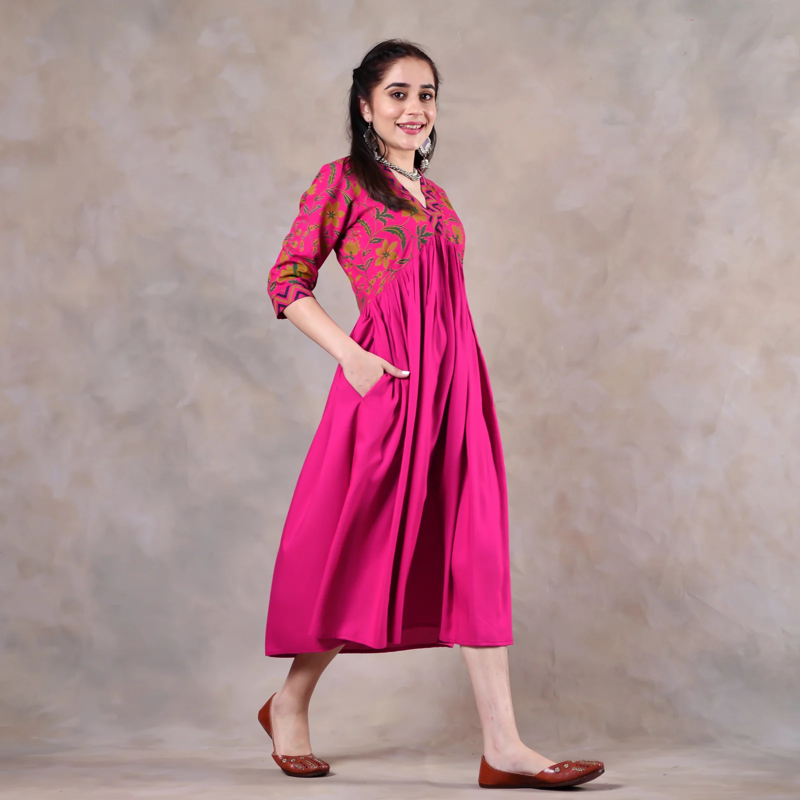 Pink Gathered Alia Cut Dress with Tassels - Image 7