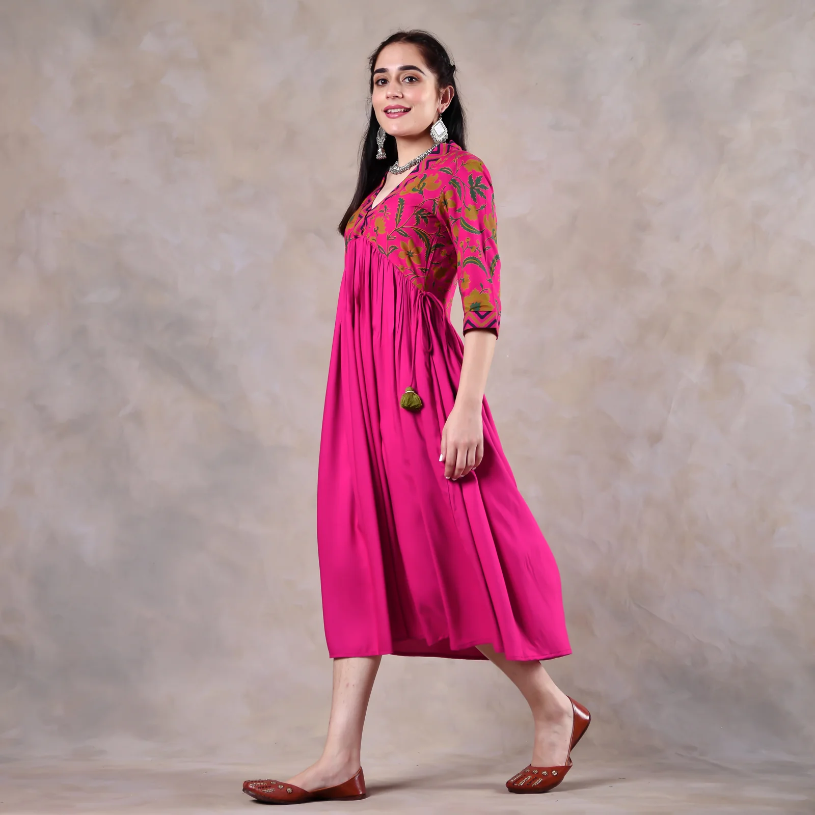 Pink Gathered Alia Cut Dress with Tassels - Image 8
