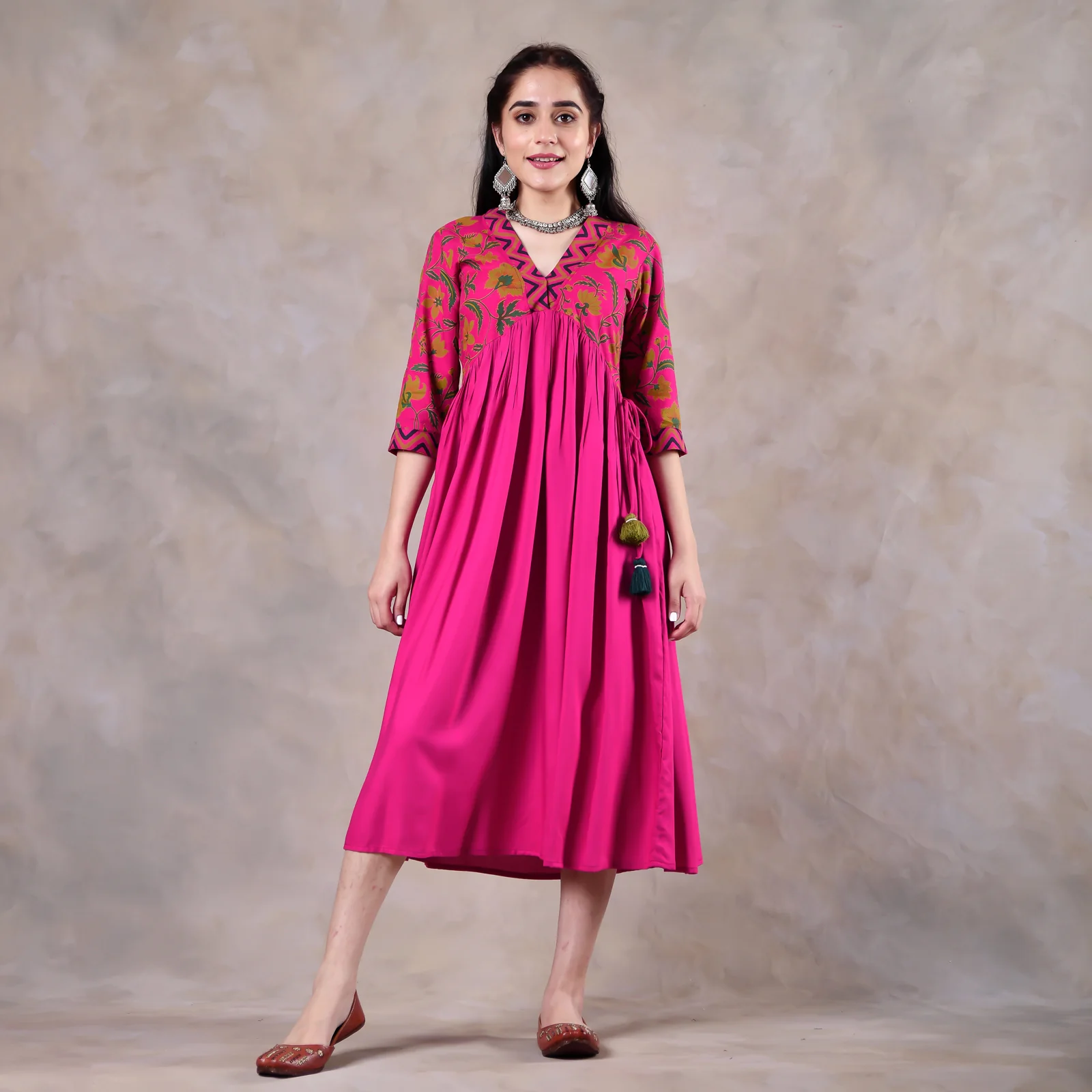 Pink Gathered Alia Cut Dress with Tassels - Image 9