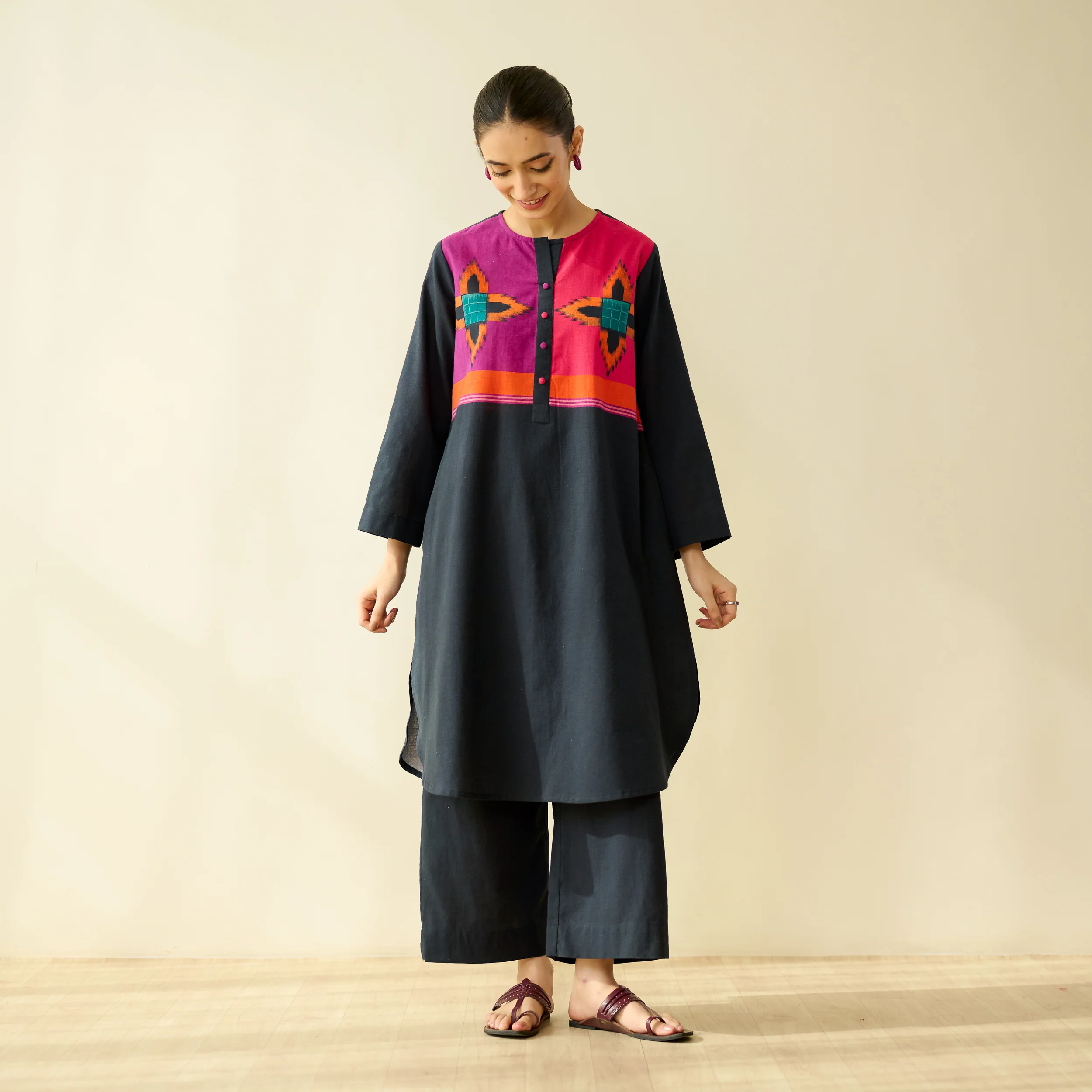 Ikatra Pure Slub Cotton Kurta Set - Black