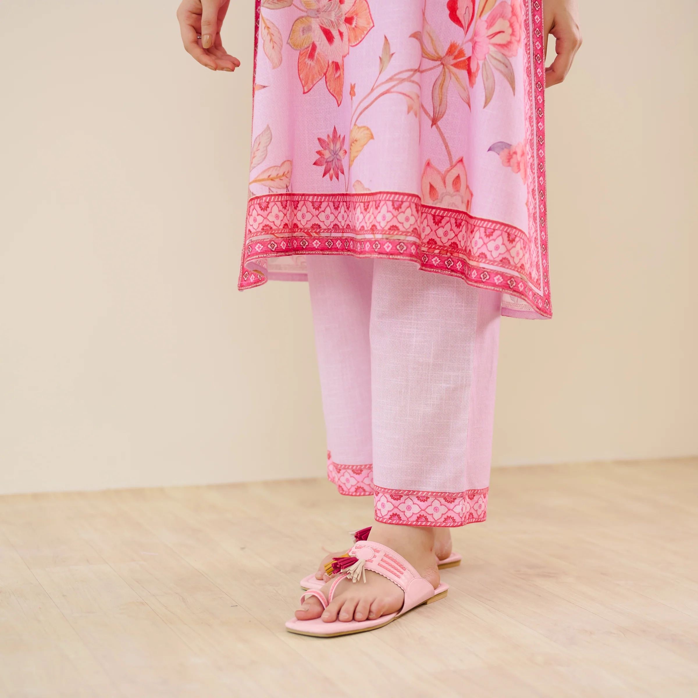 In Full Bloom Slub Cotton Kurta Set - Lavender - Image 6
