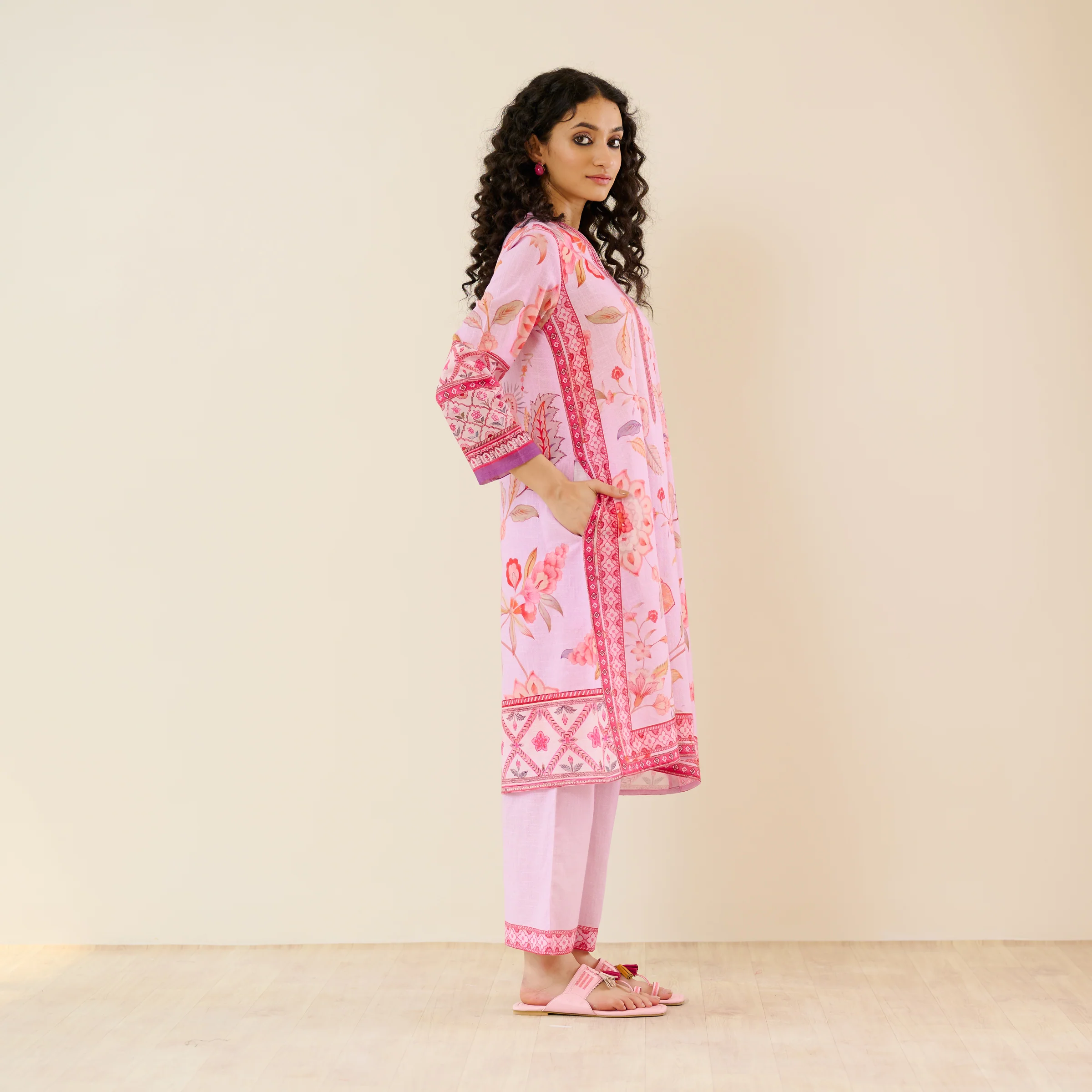 In Full Bloom Slub Cotton Kurta Set - Lavender - Image 7