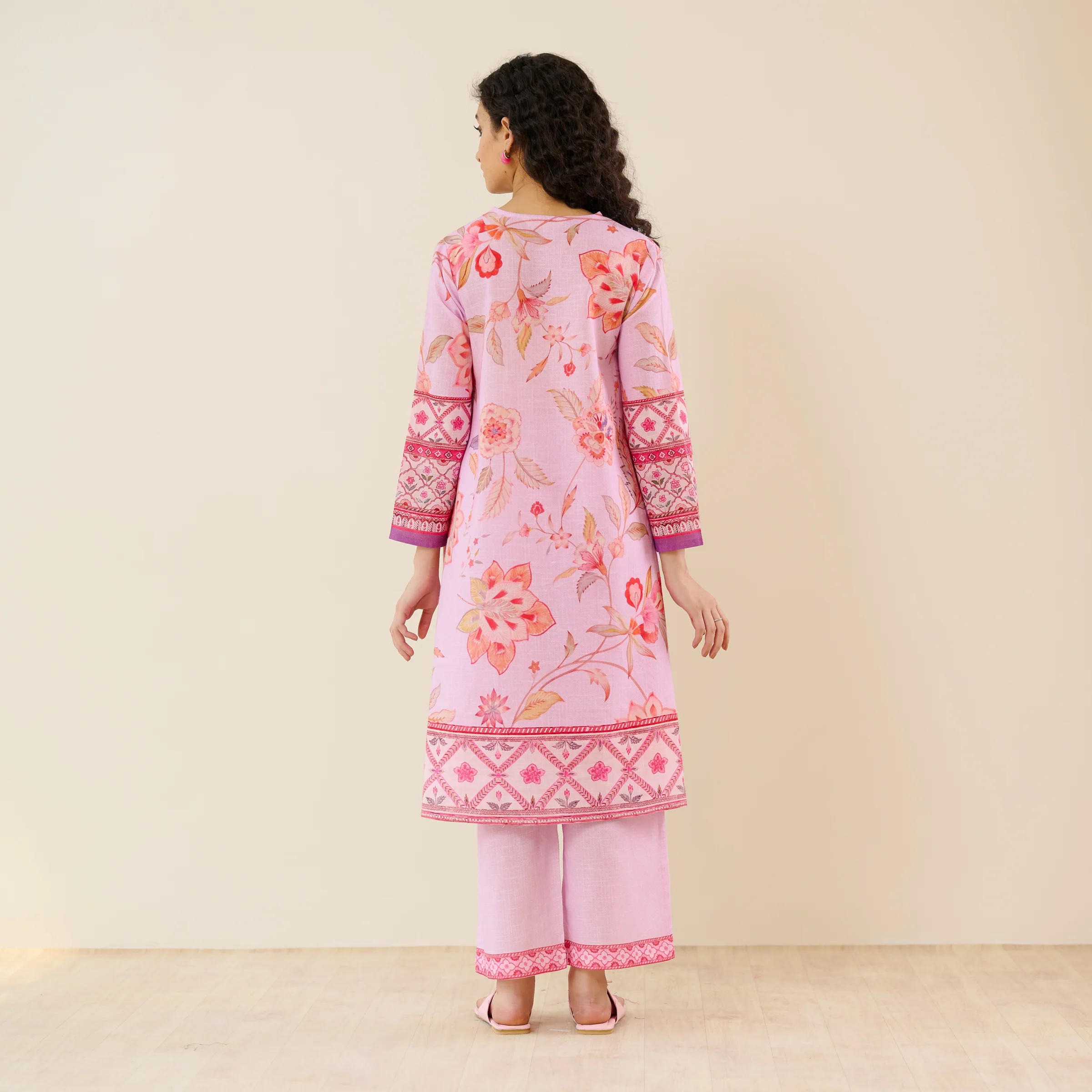 In Full Bloom Slub Cotton Kurta Set - Lavender - Image 8