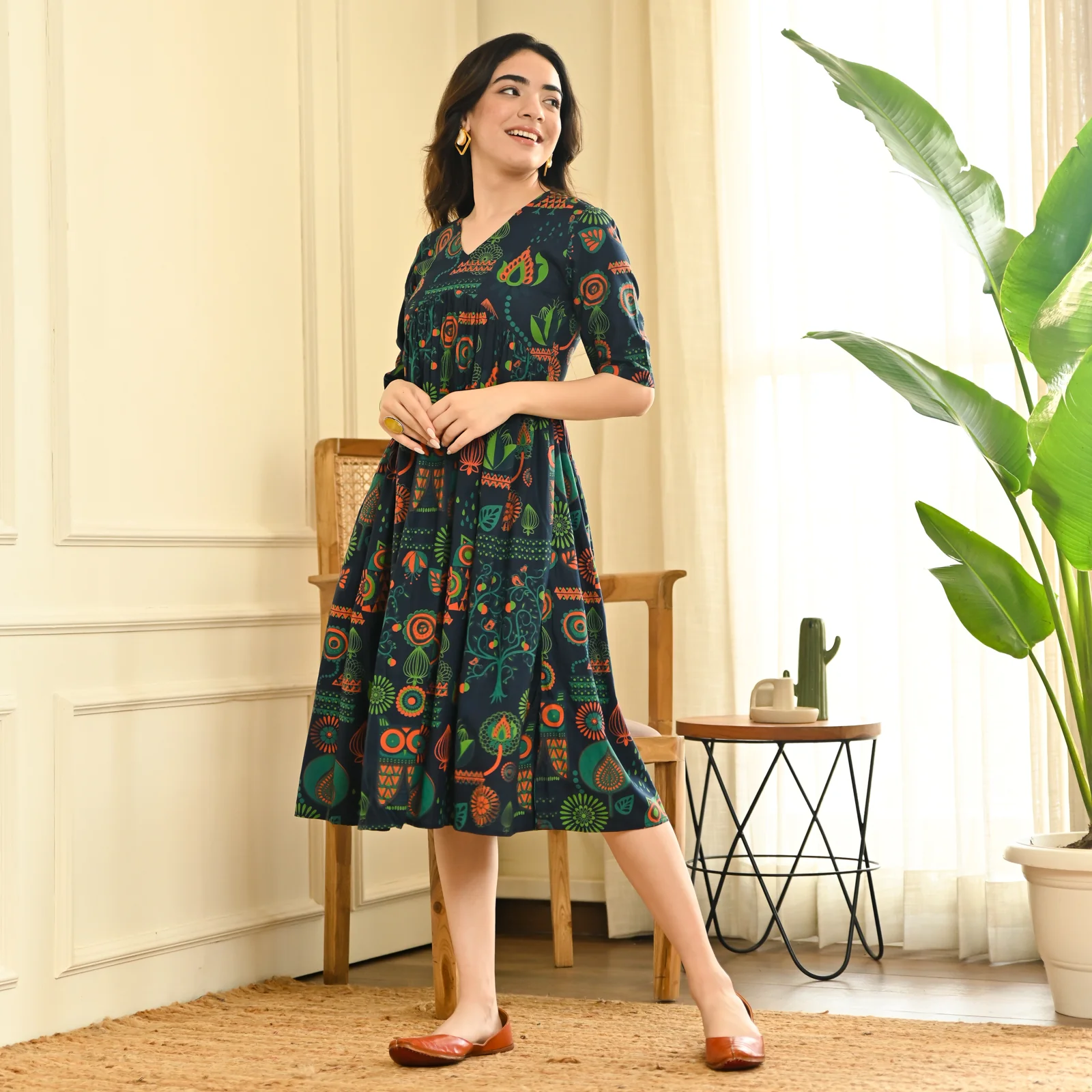 Indigo Abstract Print Flared Dress - Image 2