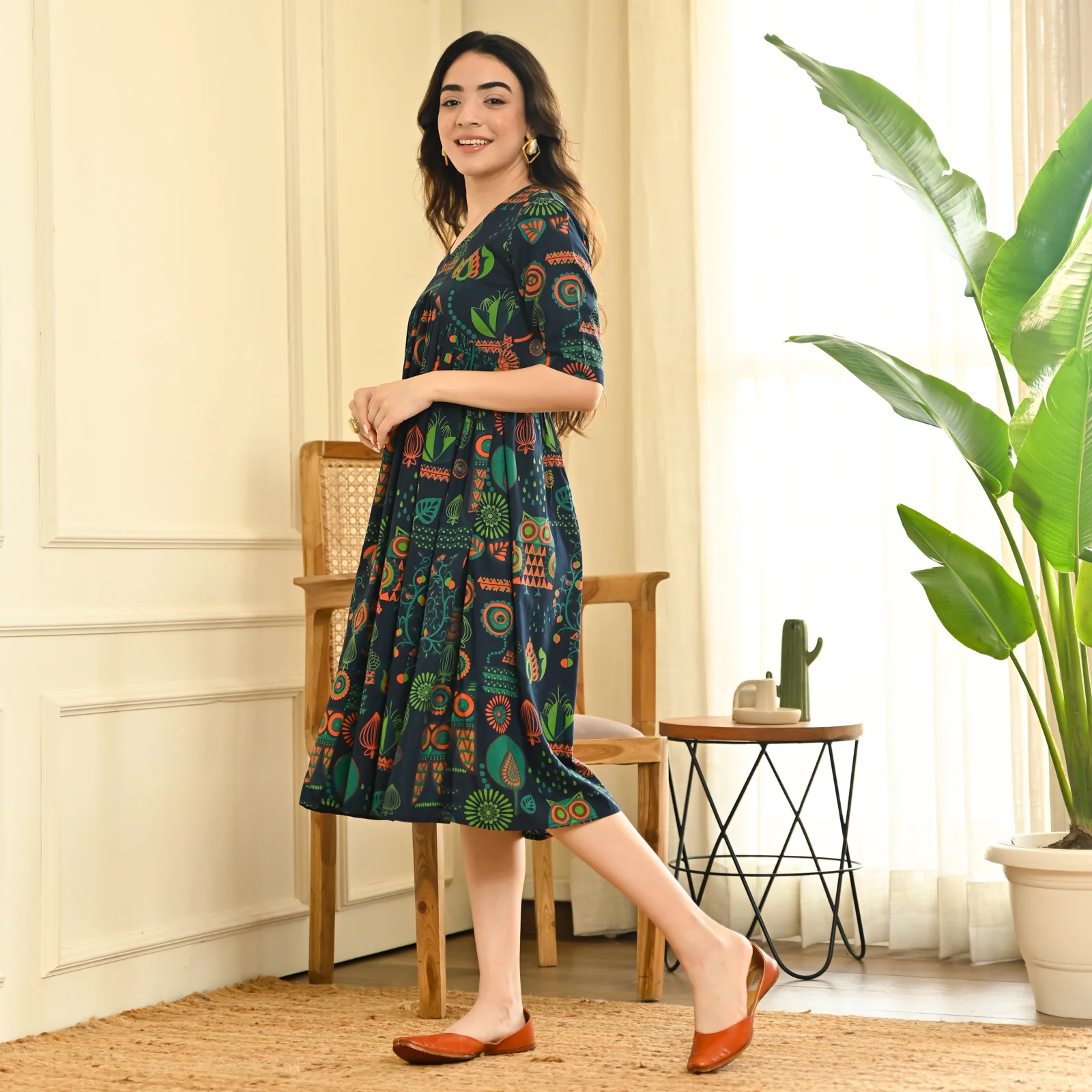 Indigo Abstract Print Flared Dress - Image 3