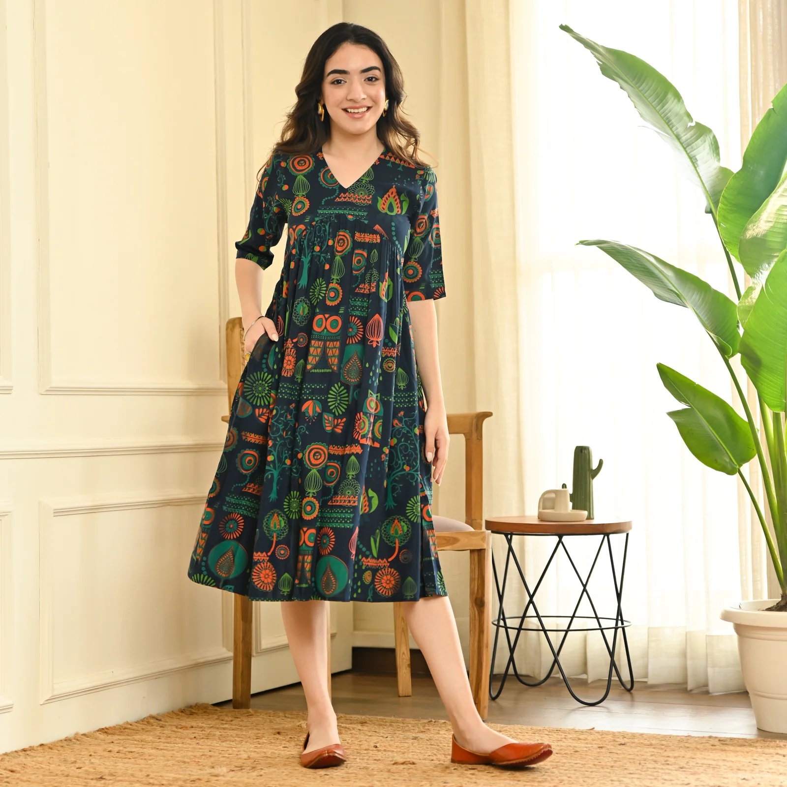 Indigo Abstract Print Flared Dress - Image 4