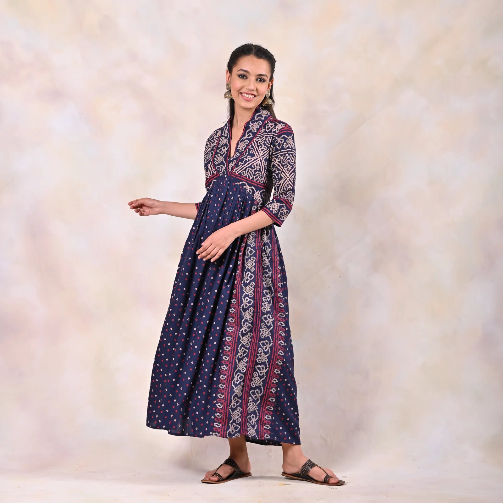 Indigo Bandhani V Neck Alia Cut Dress - Image 3