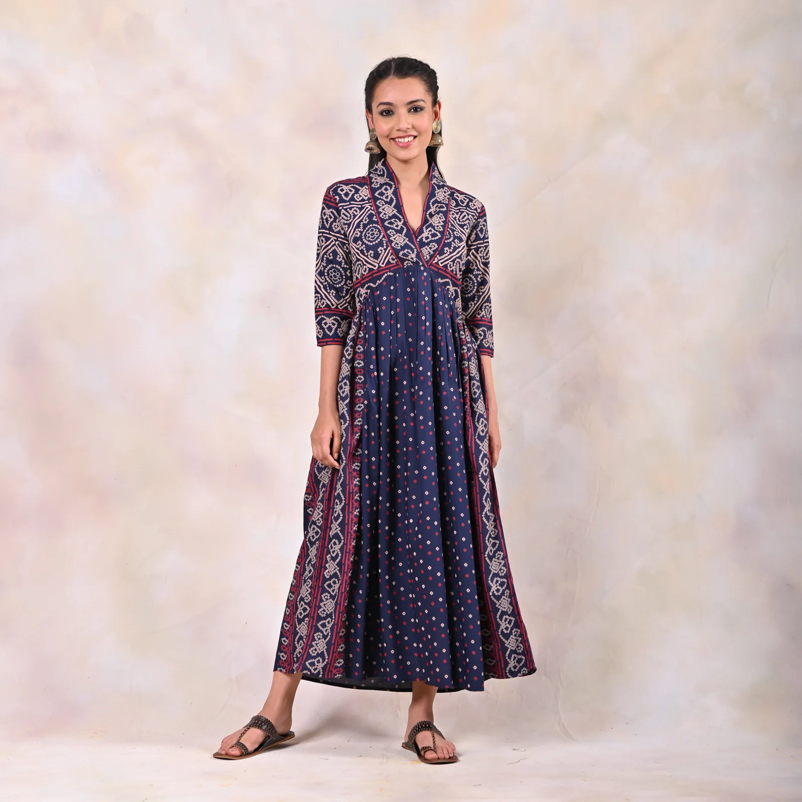 Indigo Bandhani V Neck Alia Cut Dress - Image 5