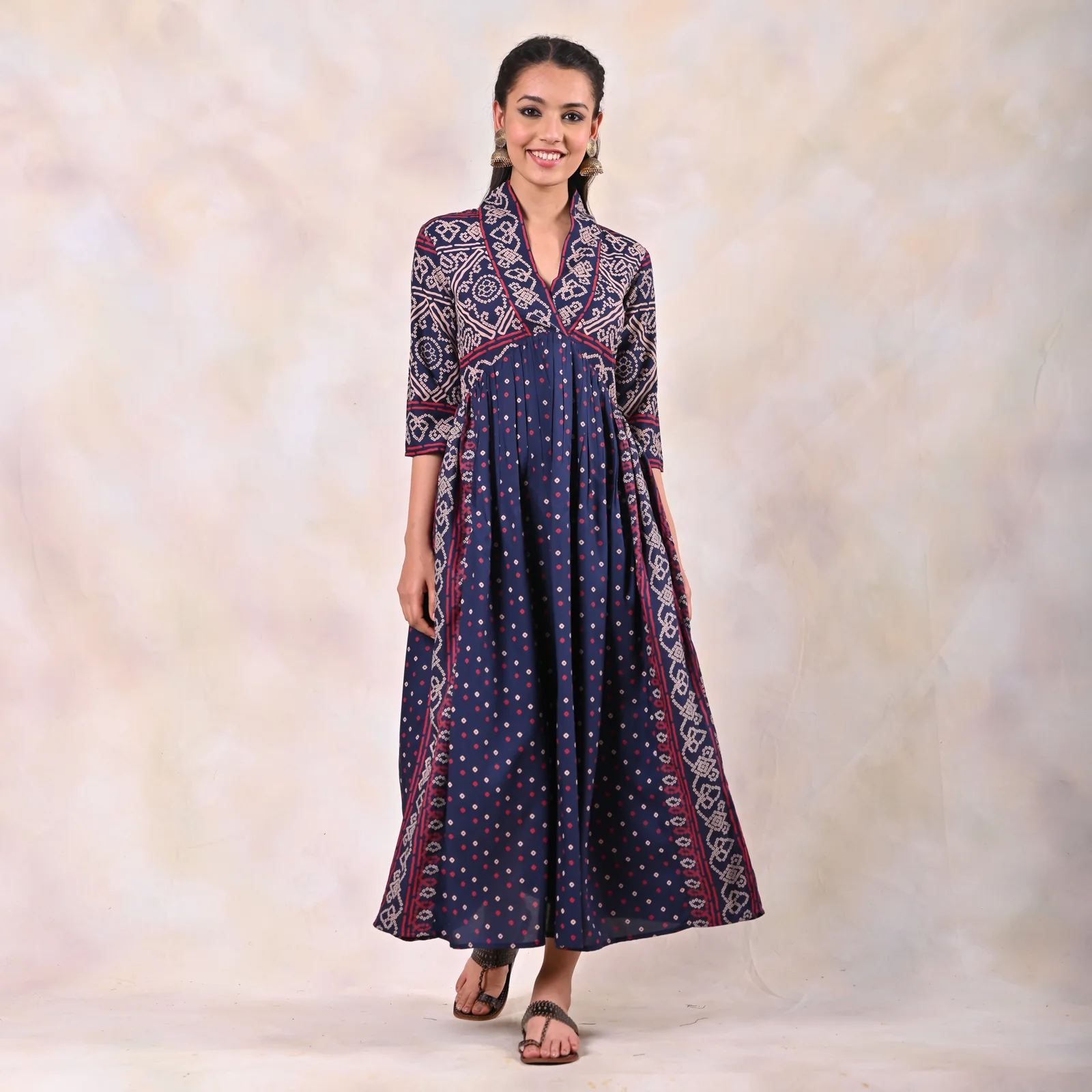 Indigo Bandhani V Neck Alia Cut Dress - Image 6