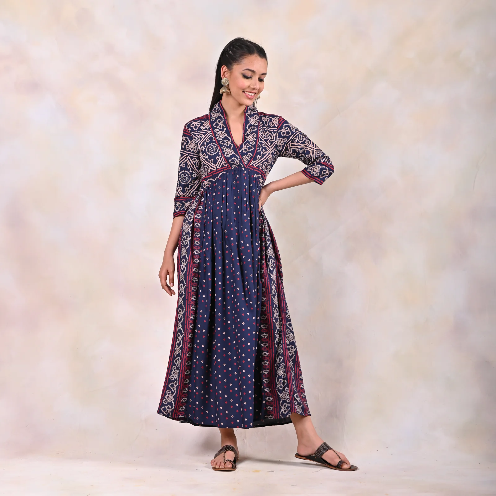 Indigo Bandhani V Neck Alia Cut Dress - Image 7