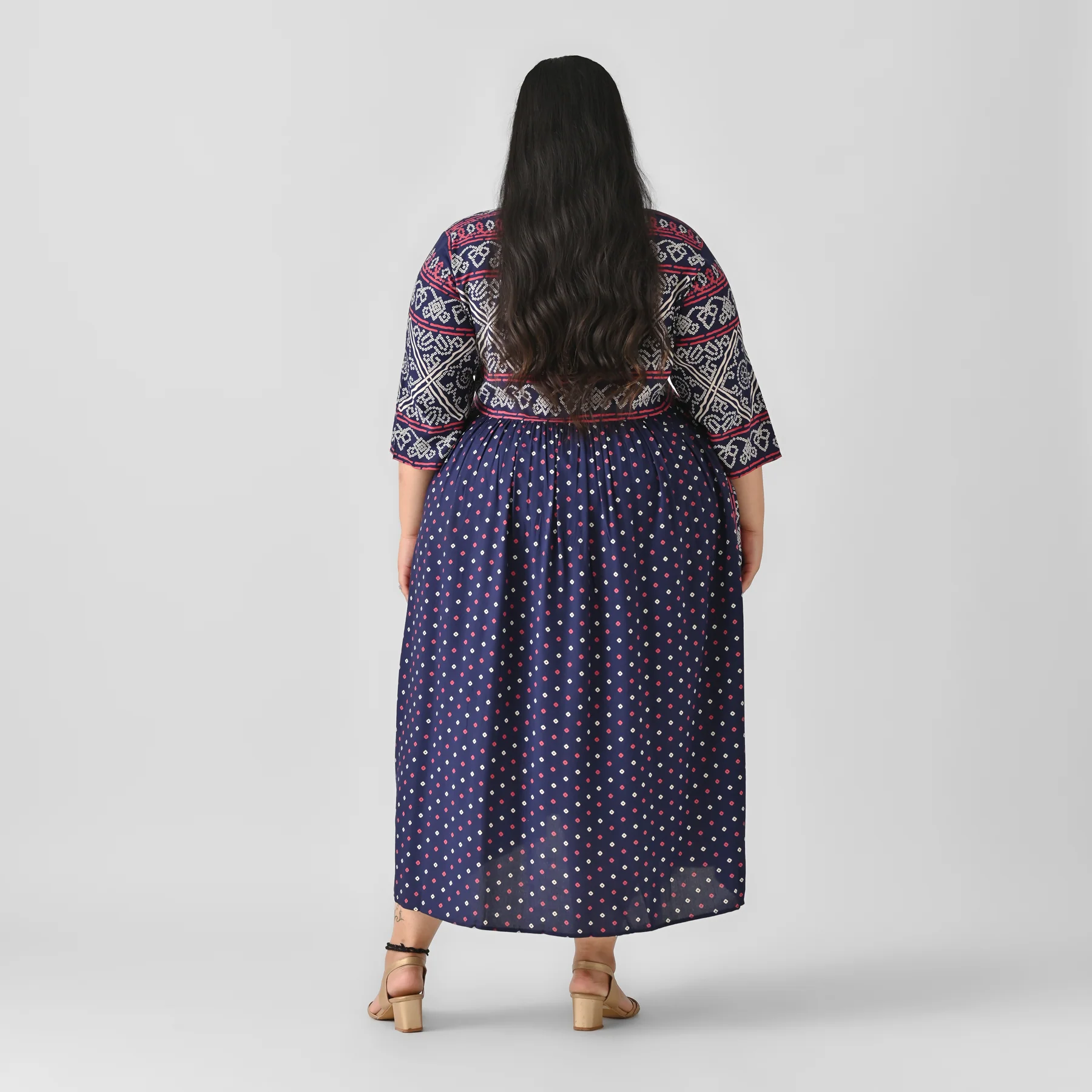 Indigo Bandhani V Neck Gathered Dress - SOM - Image 5