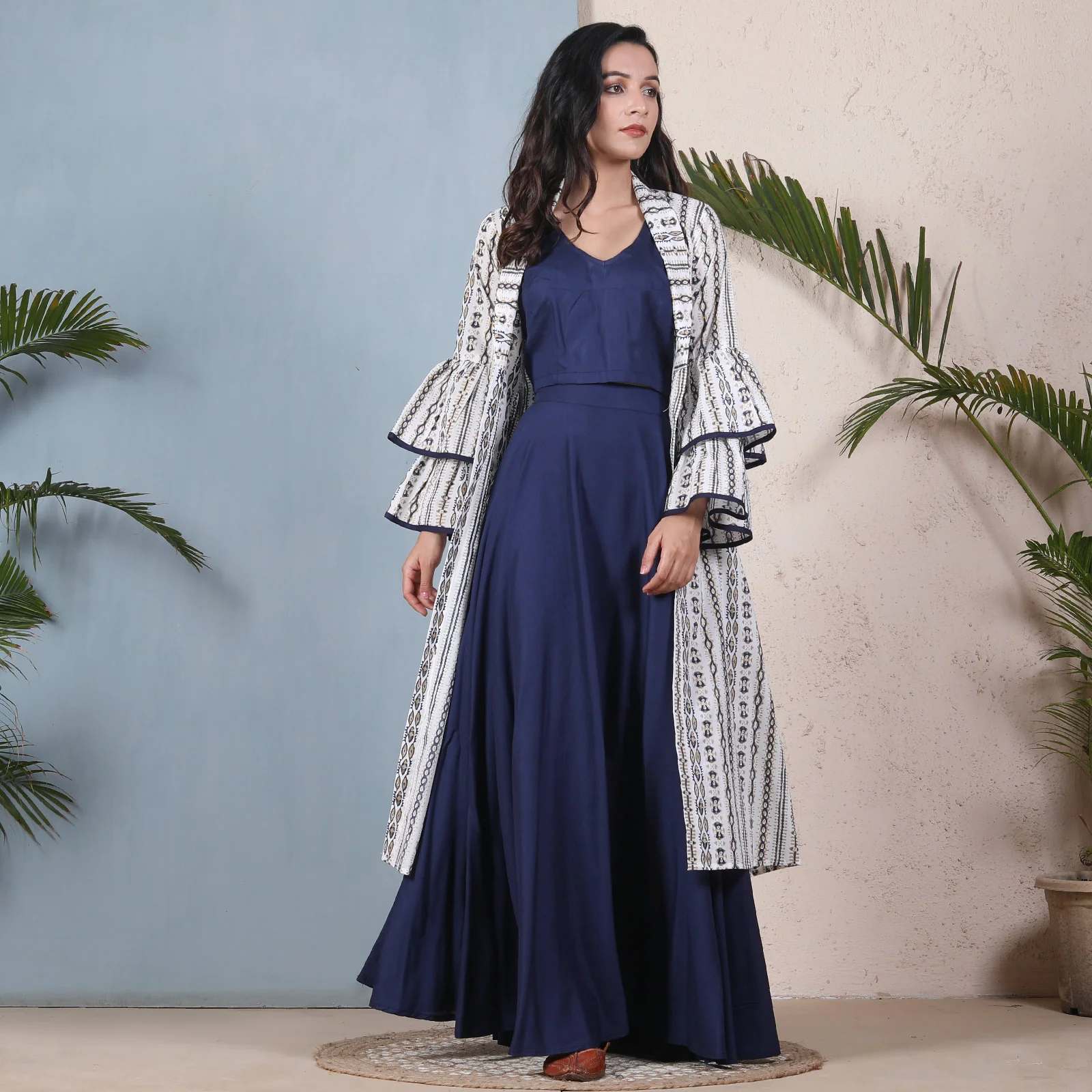 Indigo Blue Crop Top Skirt Set with Tiered Bell Sleeves Shrug - Image 3