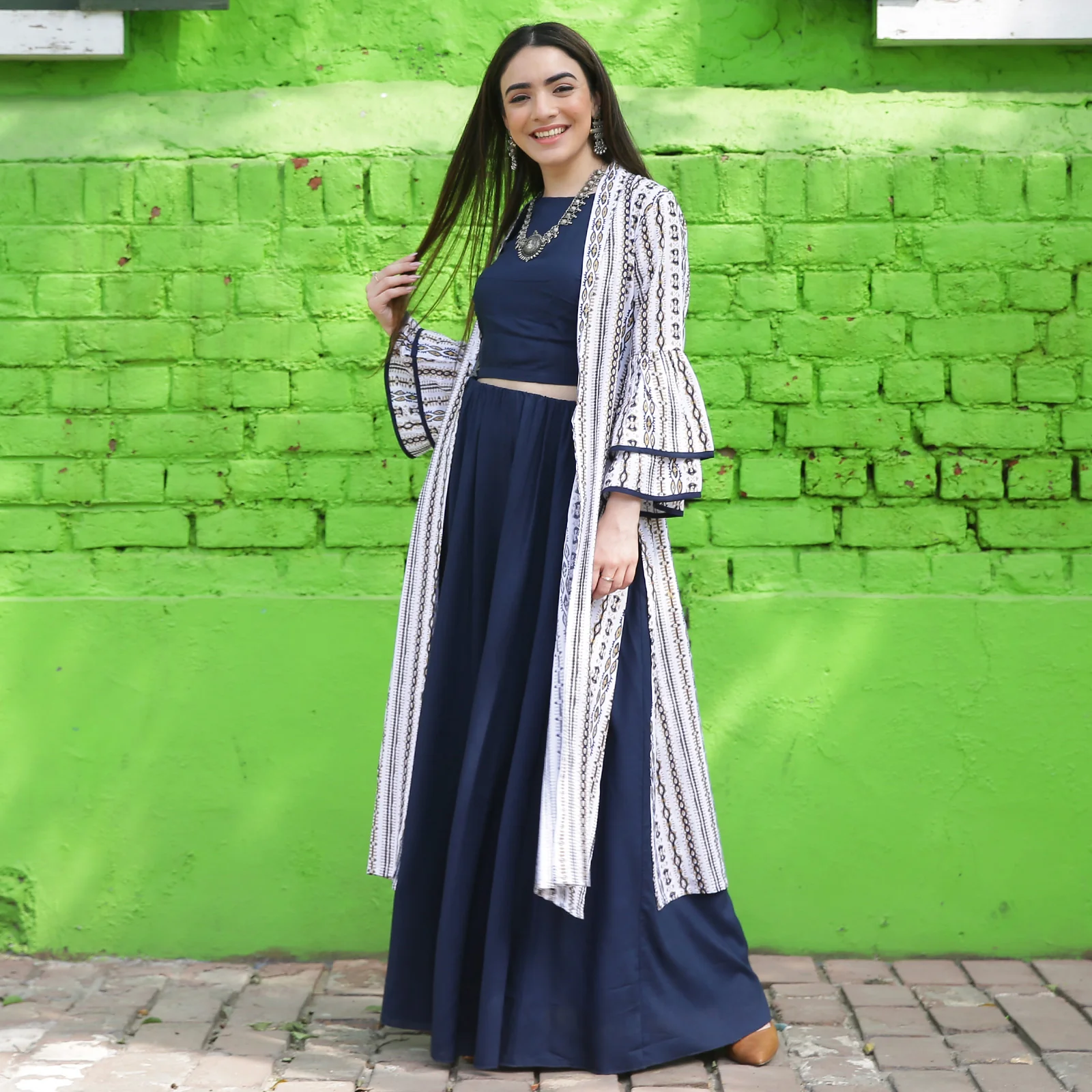 Indigo Blue Crop Top Skirt Set with Tiered Bell Sleeves Shrug - Image 4