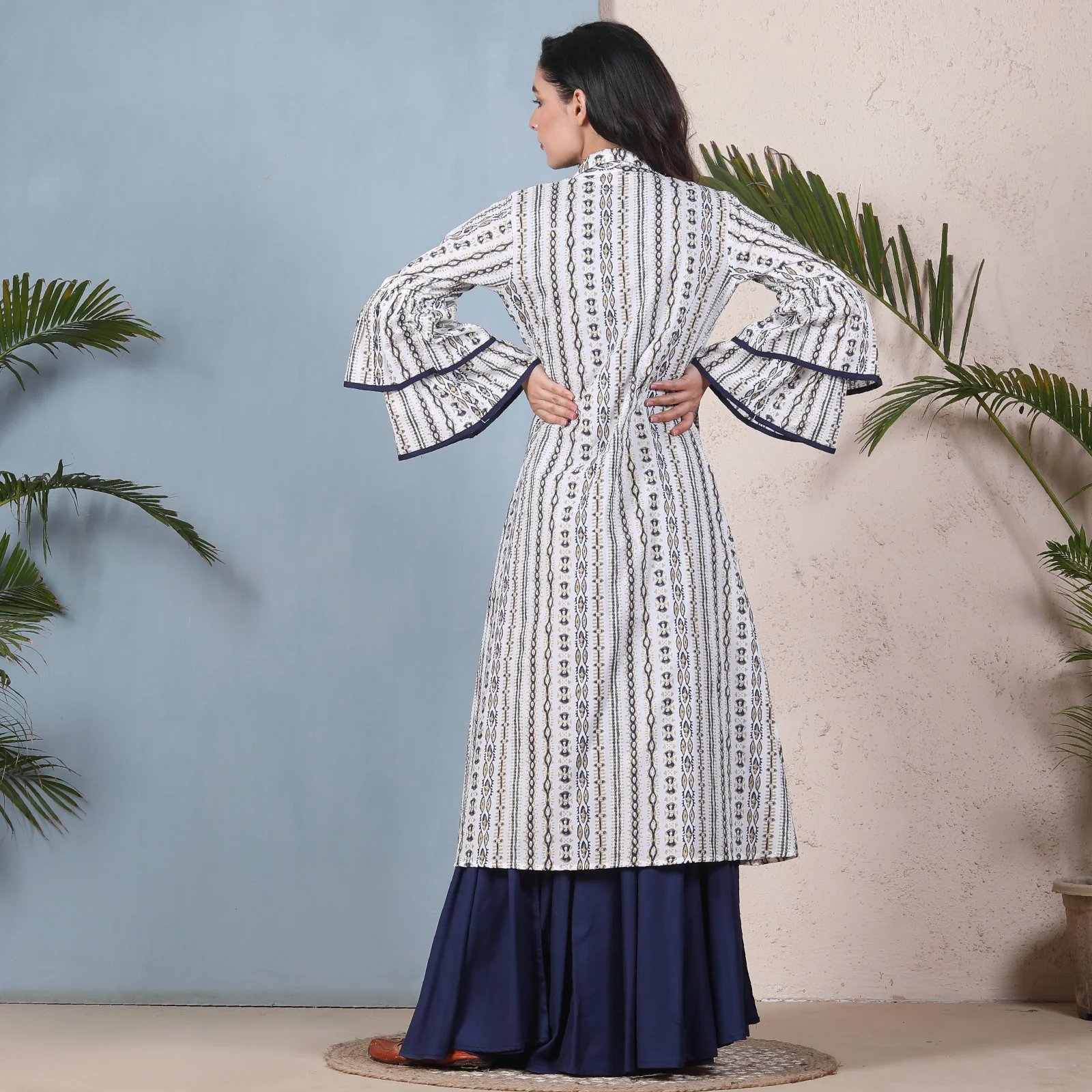 Indigo Blue Crop Top Skirt Set with Tiered Bell Sleeves Shrug - Image 5