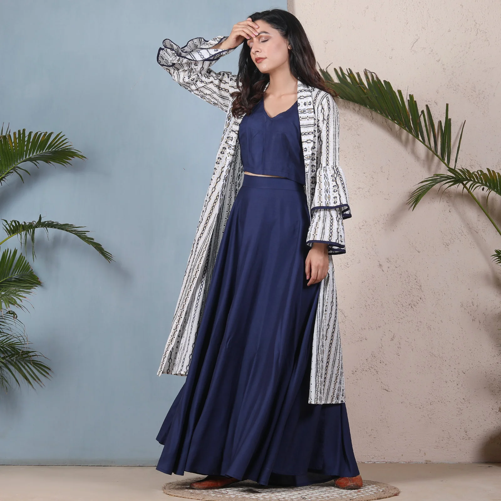 Indigo Blue Crop Top Skirt Set with Tiered Bell Sleeves Shrug - Image 6