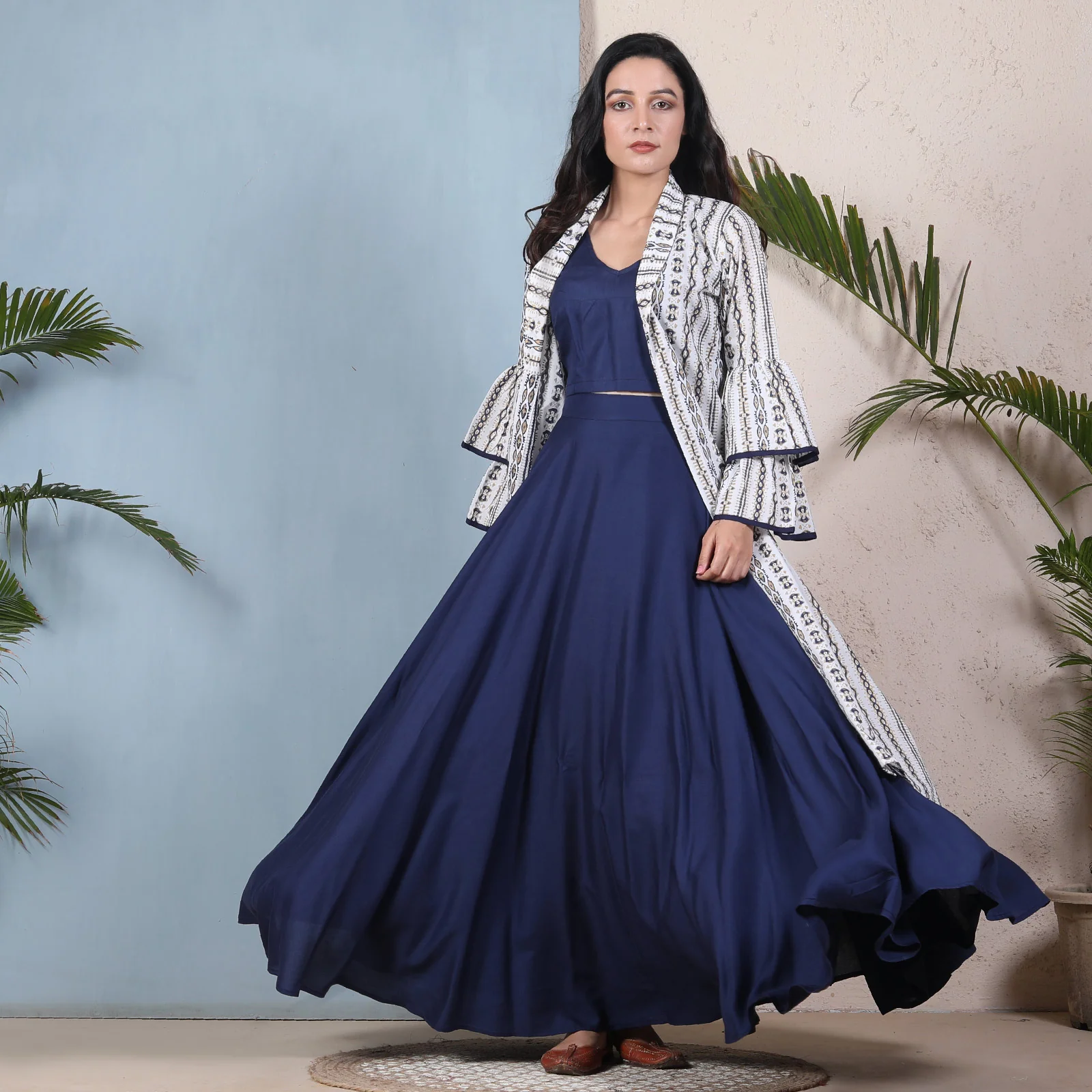 Indigo Blue Crop Top Skirt Set with Tiered Bell Sleeves Shrug - Image 7