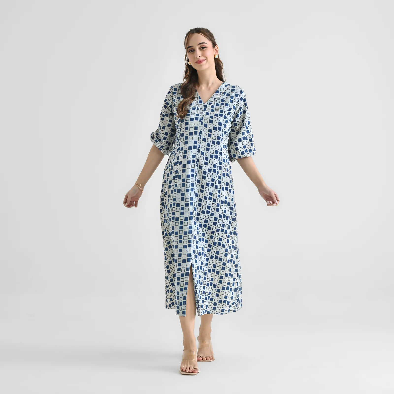 Indigo Contemporary Akola Dabu Inspired Cotton Dress with V Neckline & Lace Detail - Image 3