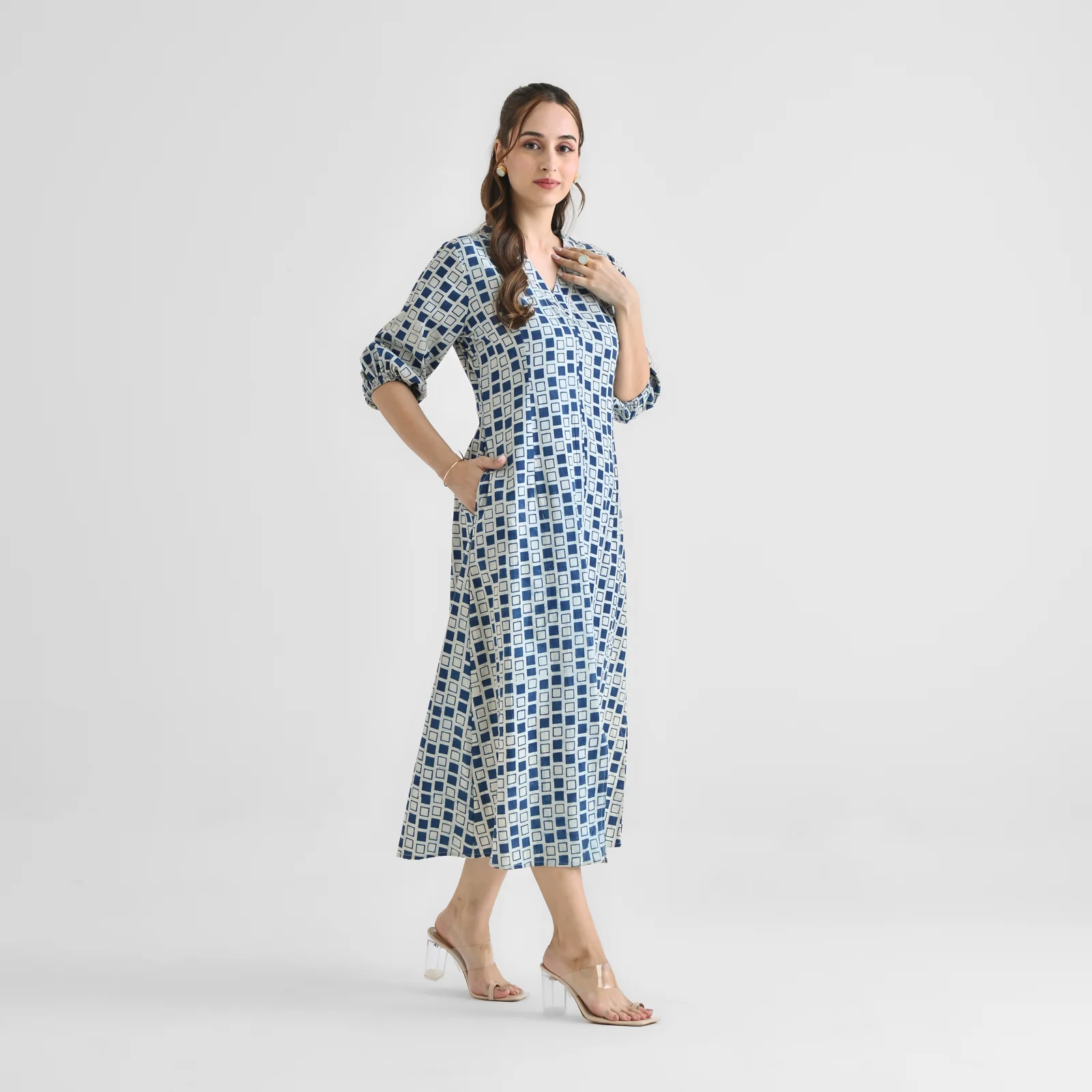 Indigo Contemporary Akola Dabu Inspired Cotton Dress with V Neckline & Lace Detail - Image 4