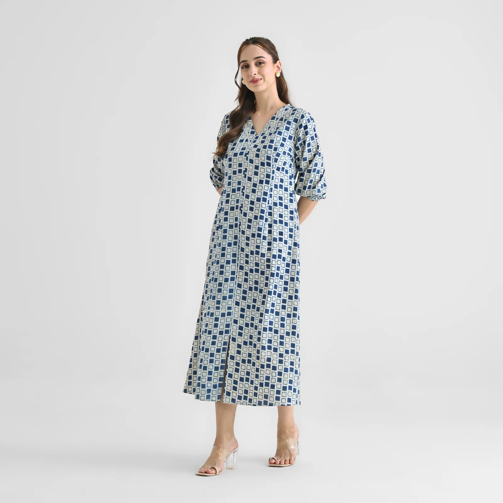Indigo Contemporary Akola Dabu Inspired Cotton Dress with V Neckline & Lace Detail - Image 6