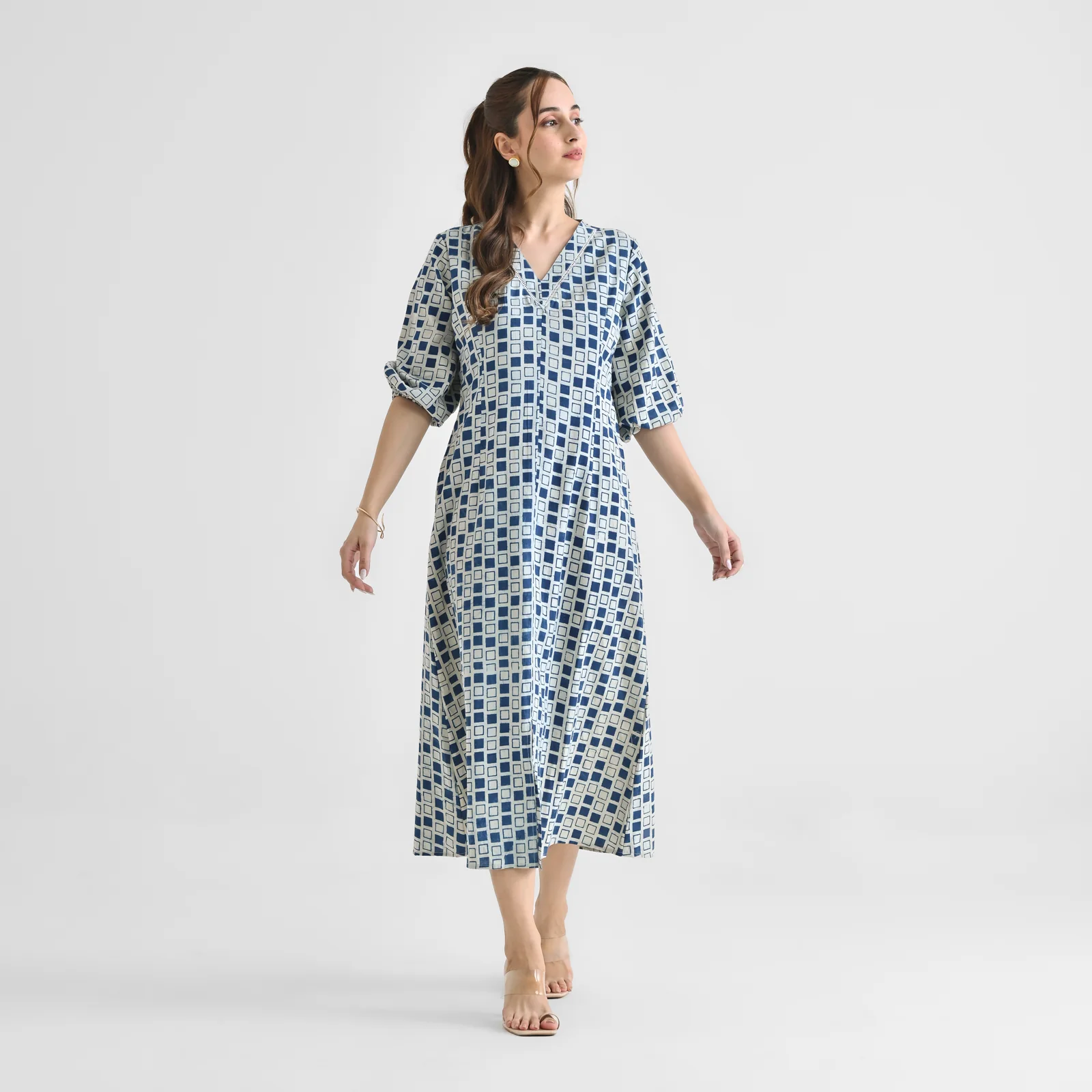 Indigo Contemporary Akola Dabu Inspired Cotton Dress with V Neckline & Lace Detail - Image 7
