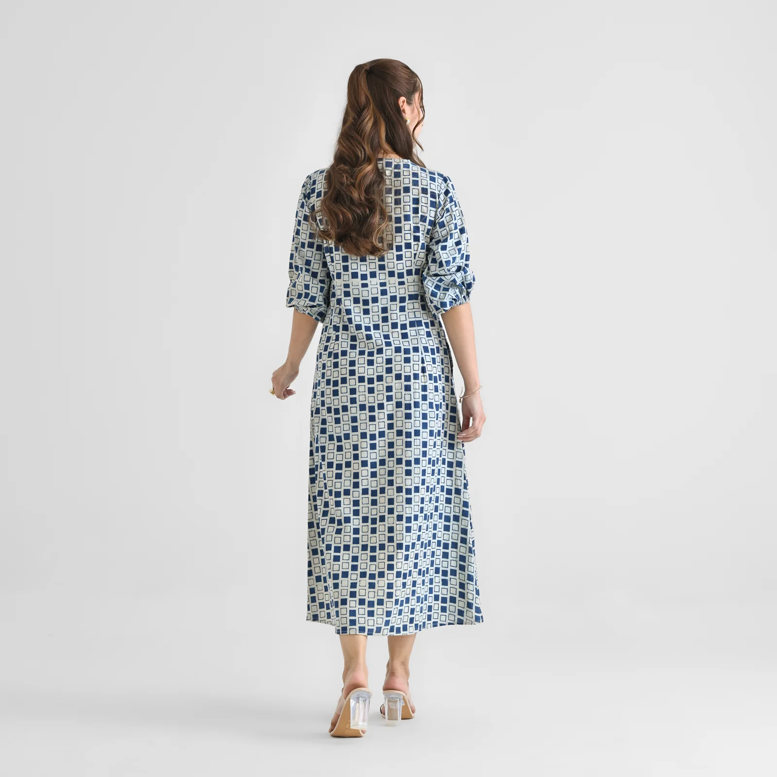 Indigo Contemporary Akola Dabu Inspired Cotton Dress with V Neckline & Lace Detail - Image 9