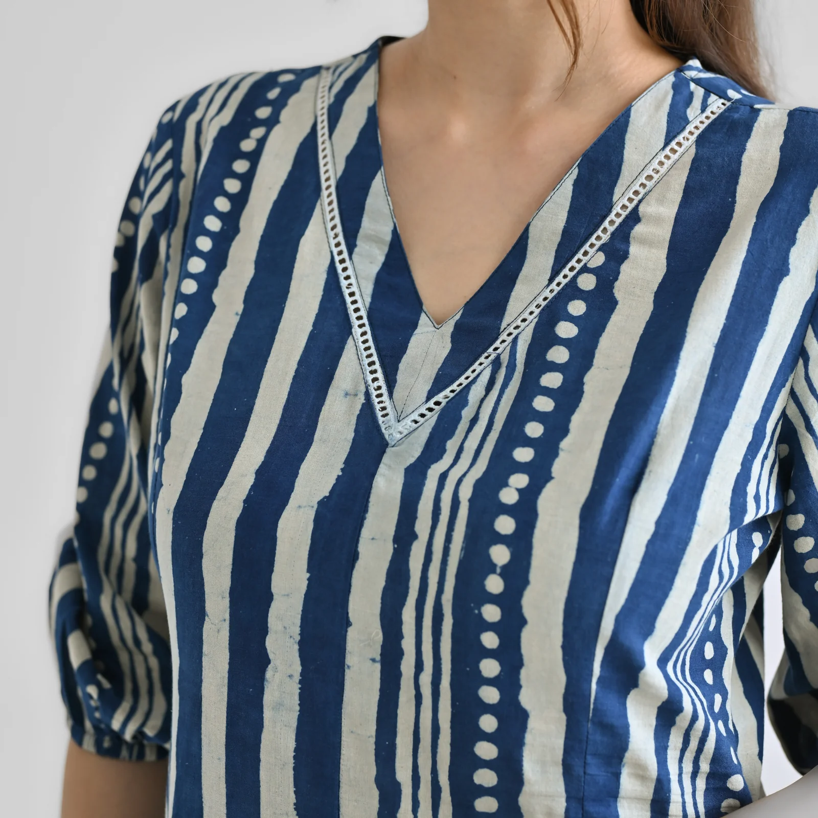 Indigo Contemporary Dabu Inspired Cotton Dress with V Neckline & Lace Detail - Image 3