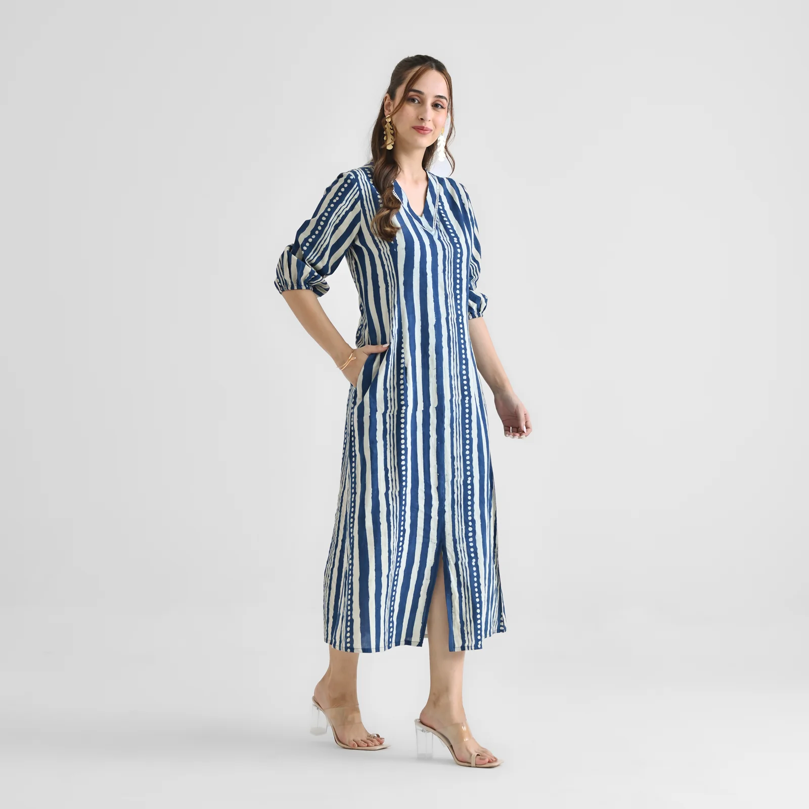 Indigo Contemporary Dabu Inspired Cotton Dress with V Neckline & Lace Detail - Image 4