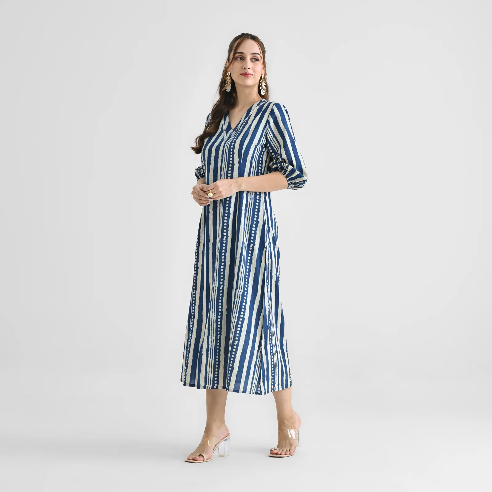 Indigo Contemporary Dabu Inspired Cotton Dress with V Neckline & Lace Detail - Image 5