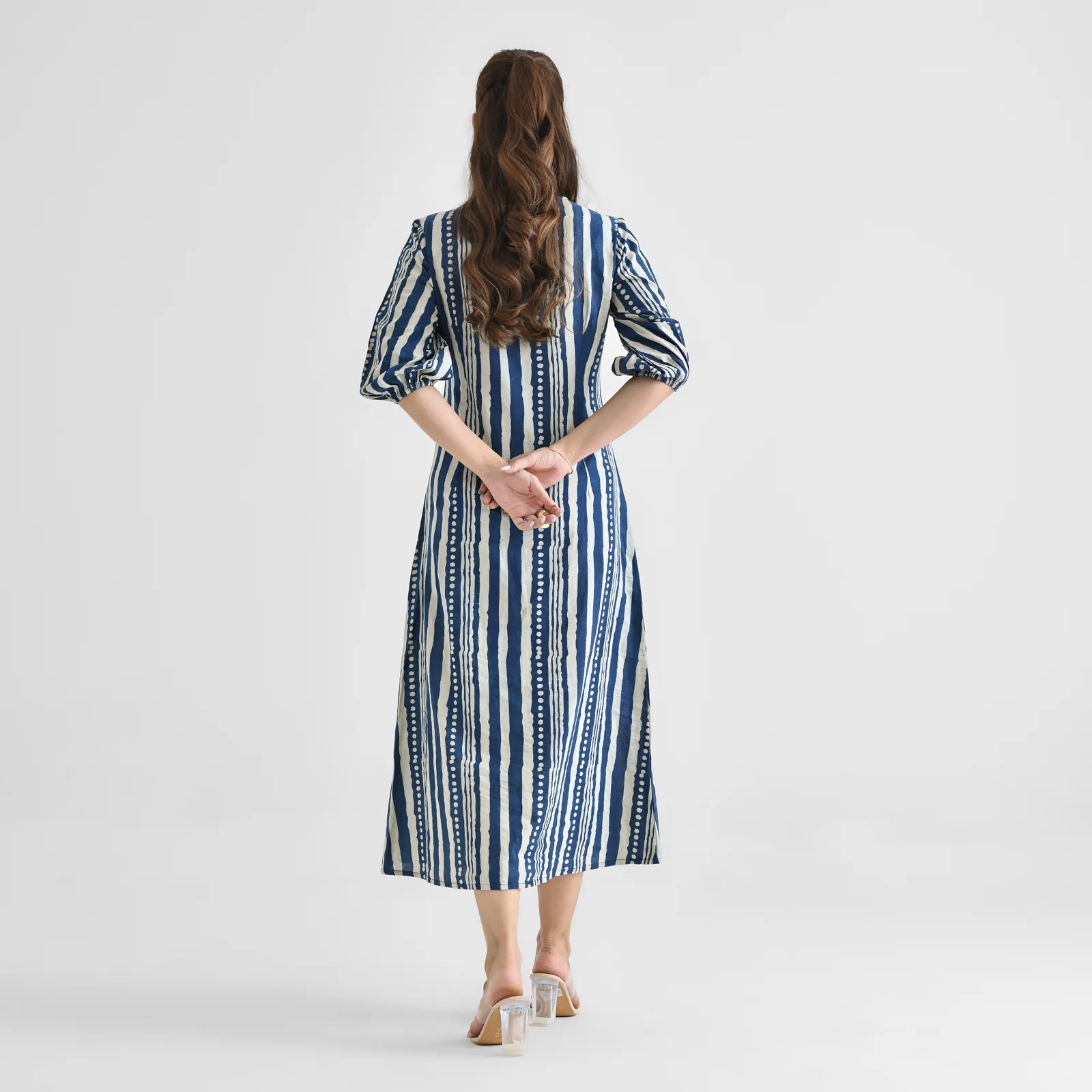 Indigo Contemporary Dabu Inspired Cotton Dress with V Neckline & Lace Detail - Image 6