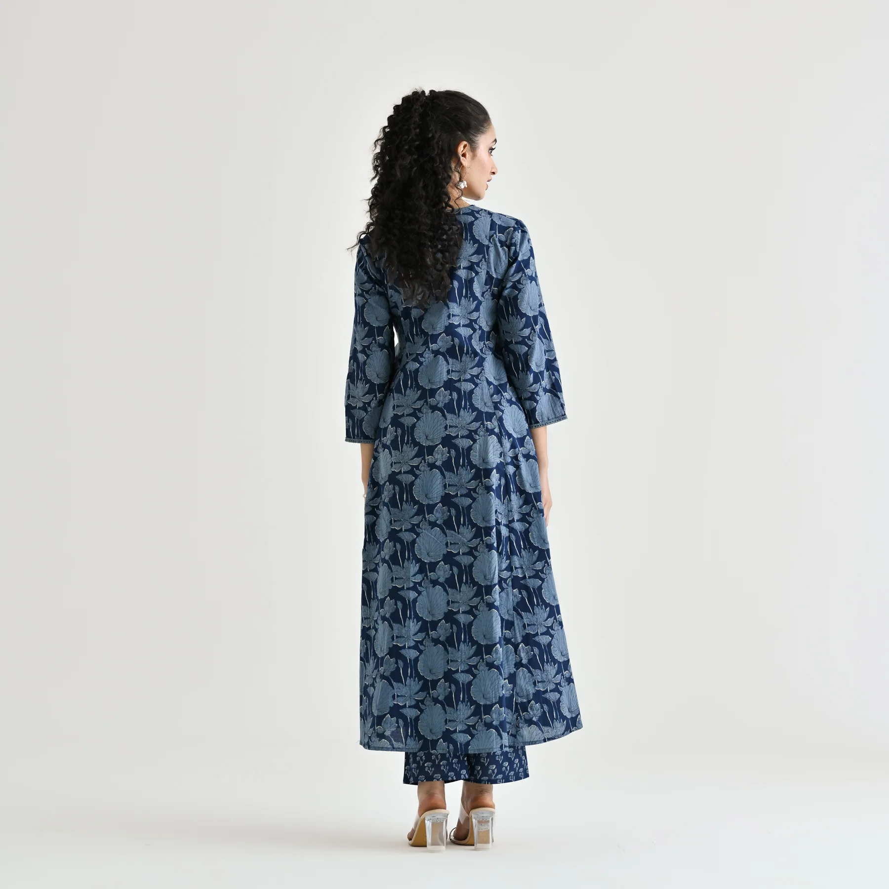 Indigo Floral Angarakha Cotton Kurta with Embroidered Neckline - Image 10