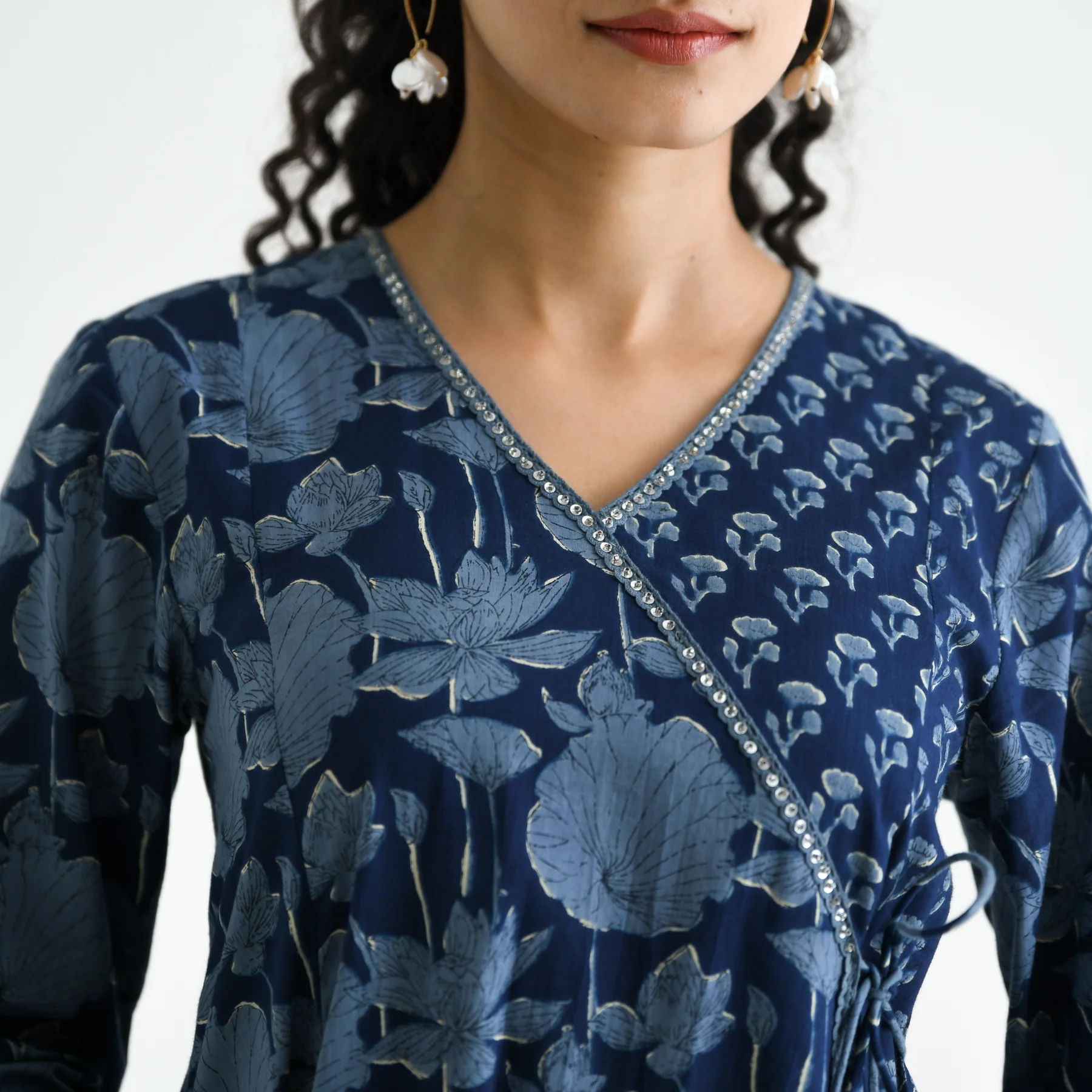 Indigo Floral Angarakha Cotton Kurta with Embroidered Neckline - Image 2