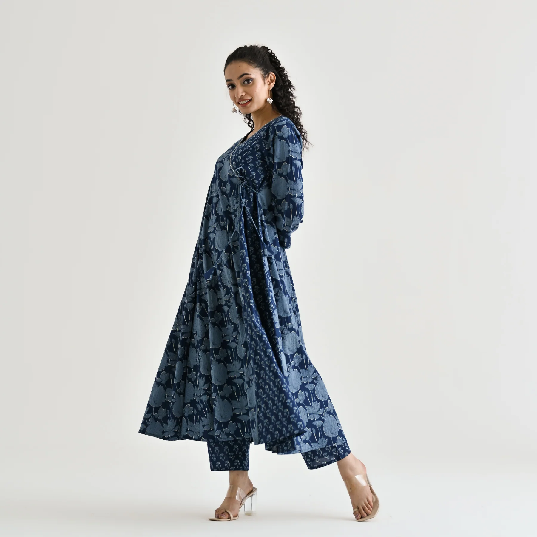 Indigo Floral Angarakha Cotton Kurta with Embroidered Neckline - Image 3
