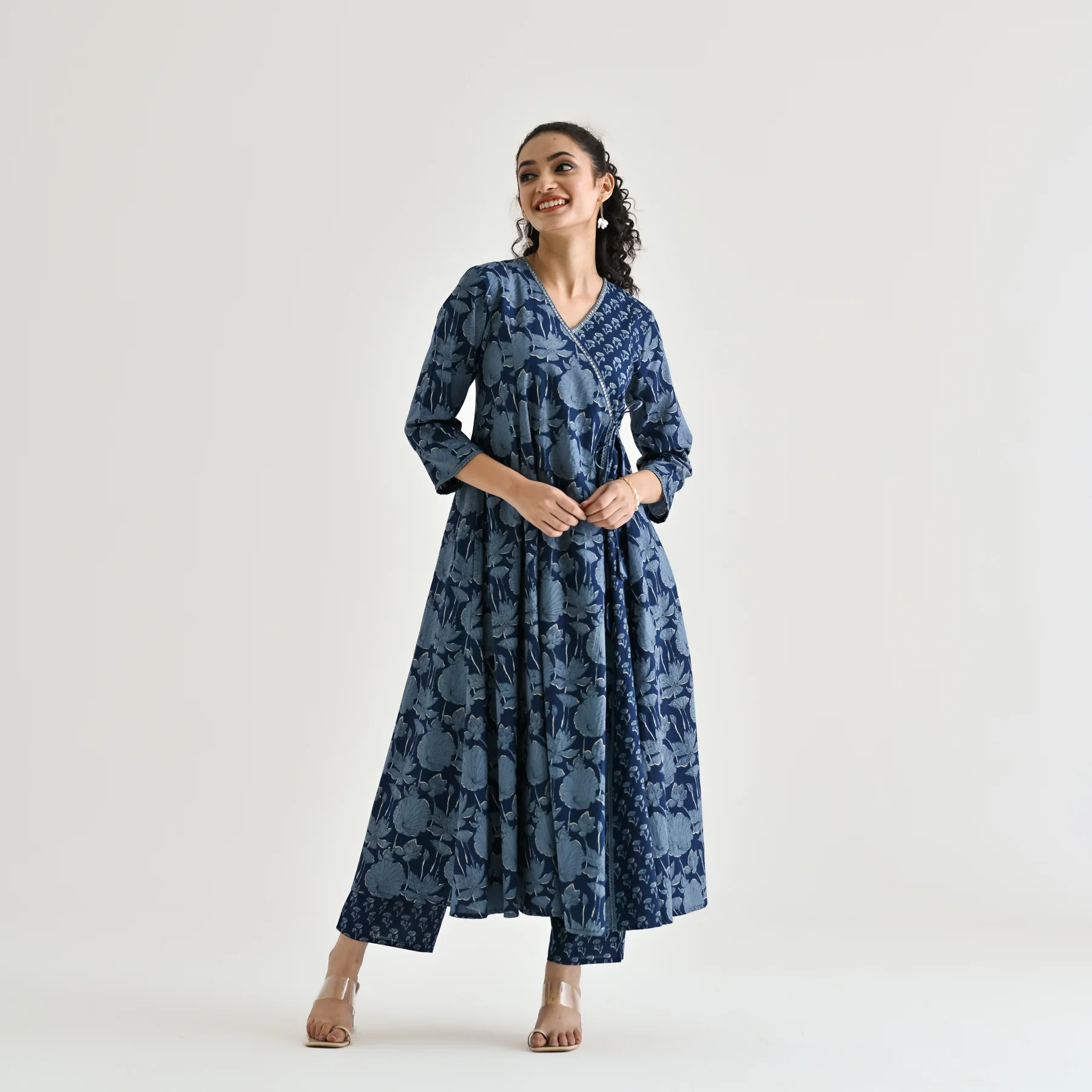 Indigo Floral Angarakha Cotton Kurta with Embroidered Neckline - Image 5