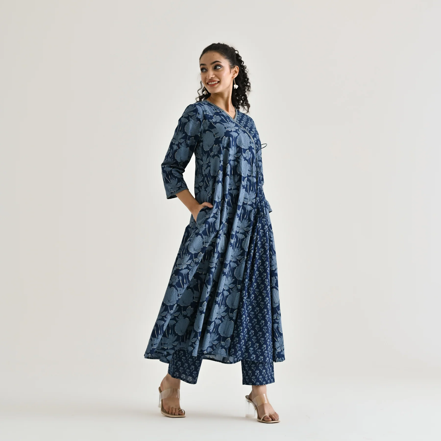 Indigo Floral Angarakha Cotton Kurta with Embroidered Neckline - Image 6