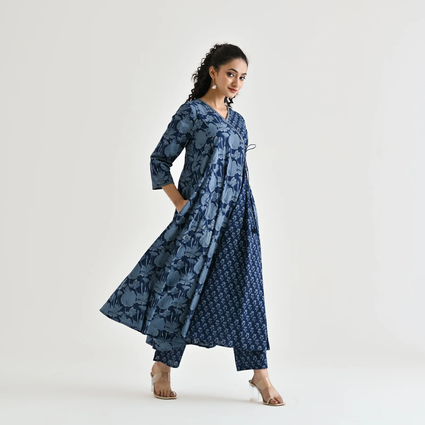 Indigo Floral Angarakha Cotton Kurta with Embroidered Neckline - Image 7