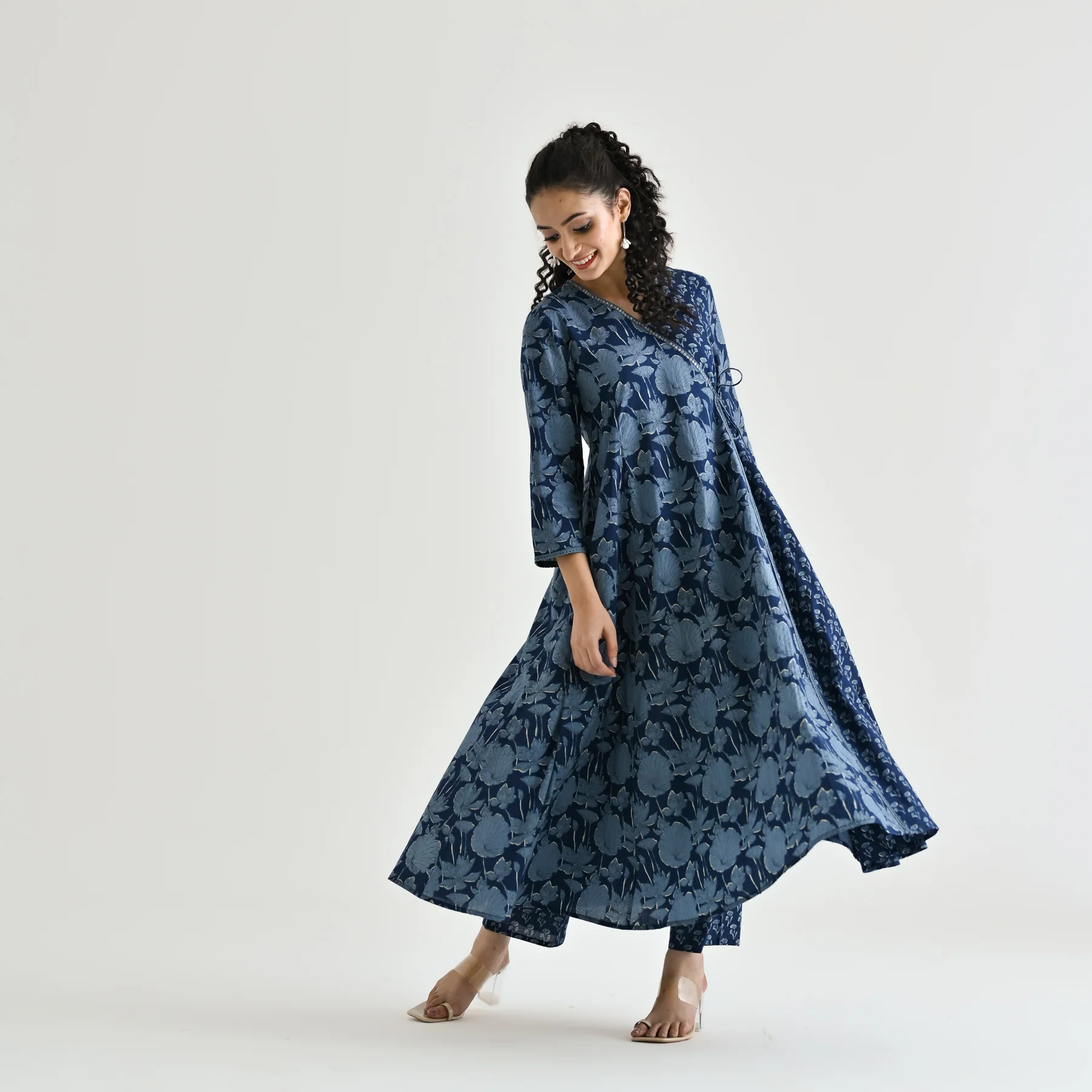 Indigo Floral Angarakha Cotton Kurta with Embroidered Neckline - Image 8