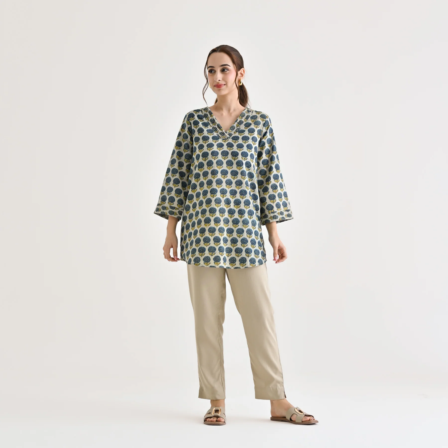 Indigo Sanganeri Inspired Floral Cotton Tunic with Pintuck Neckline - Image 3
